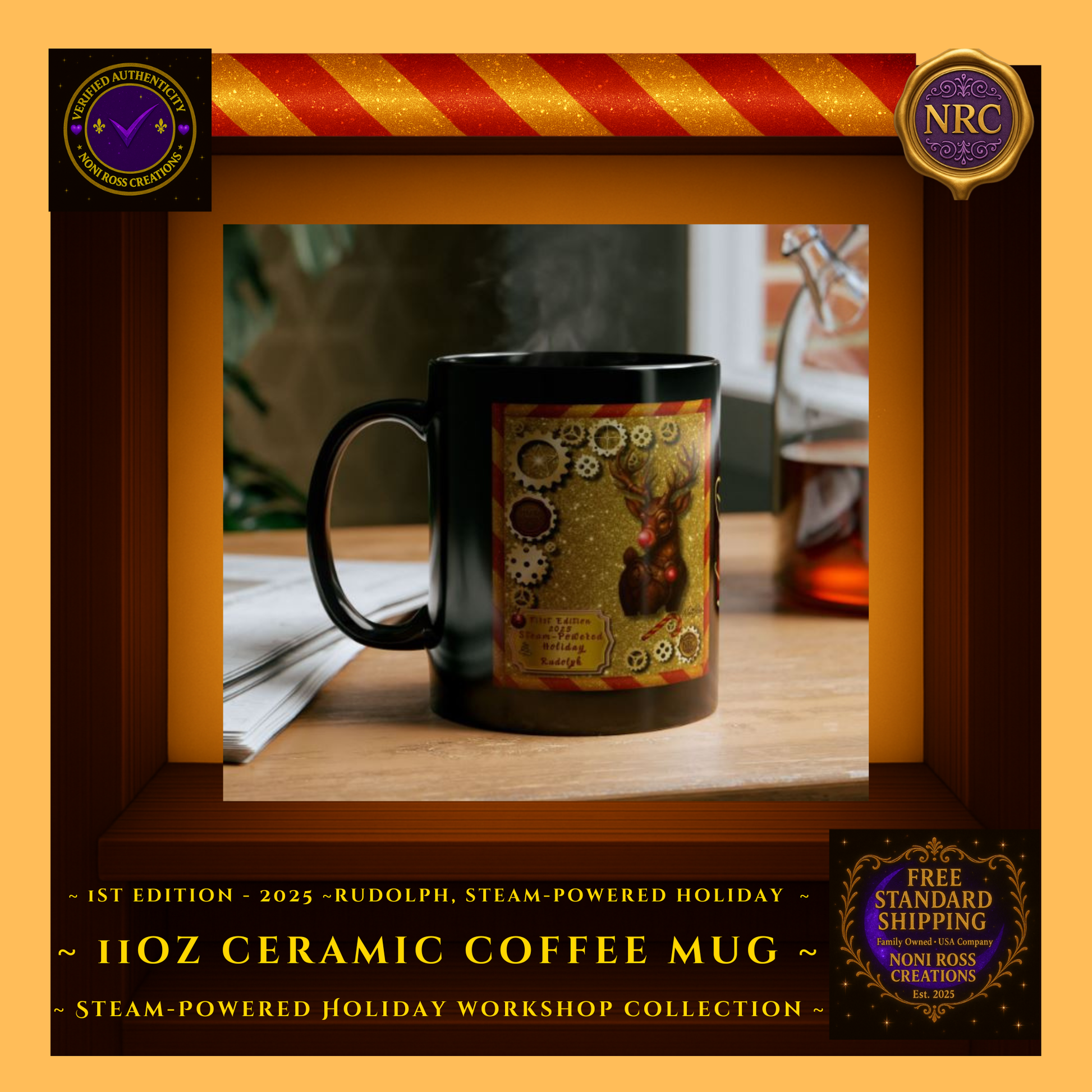 Lifestyle Image 2 Gold Cubby – Steampunk Rudolph mug staged with Christmas ornaments and cozy cocoa scene
