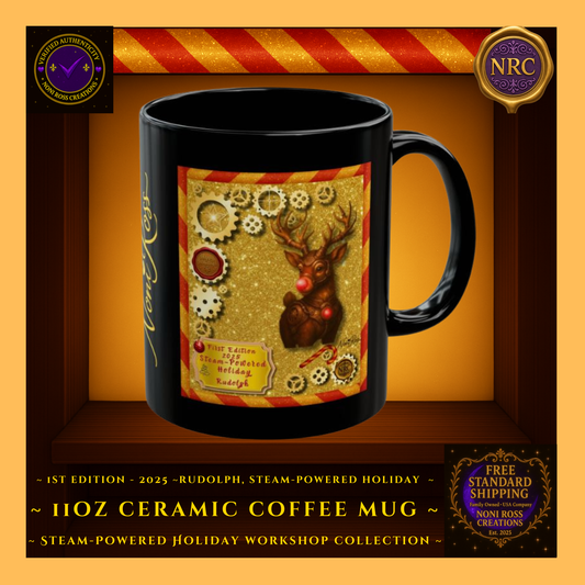 Main Gold Cubby Image – First Edition Rudolph Mug 2025 with steampunk gears, golden background, glowing red nose, and collectible nameplate – Noni Ross Creations