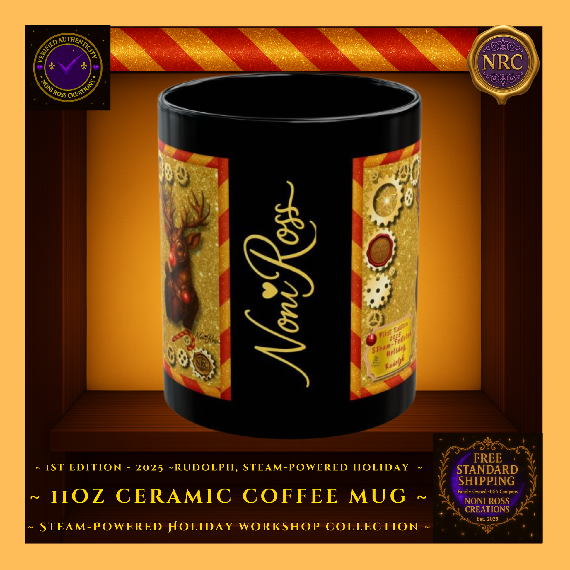 Signature Spine Gold Cubby – Vertical Noni Ross Creations signature on glossy black mug for 1st Edition Rudolph