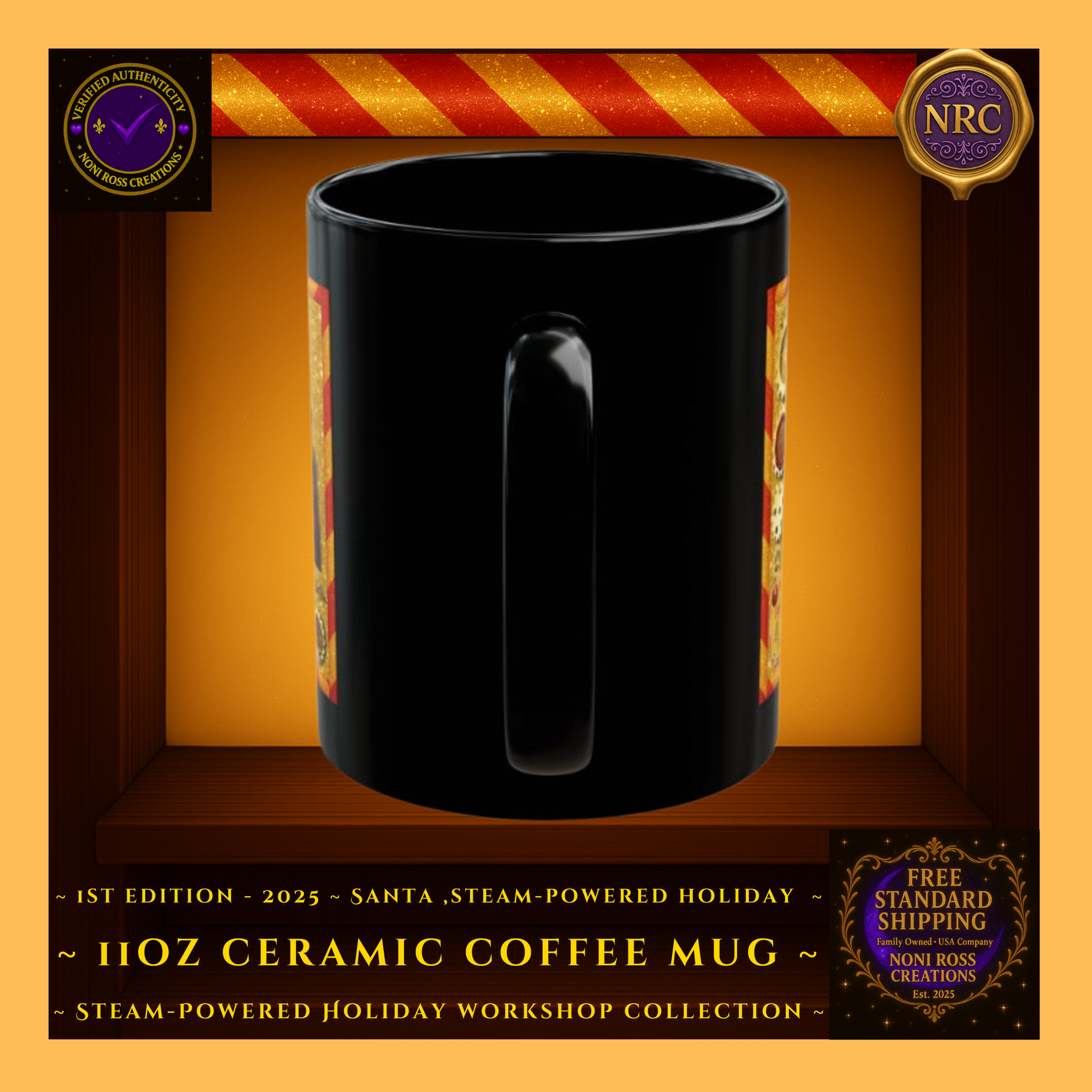 Gold cubby image of the handle side of the First Edition Steam-Powered Santa mug showing glossy ceramic finish and partial steampunk artwork