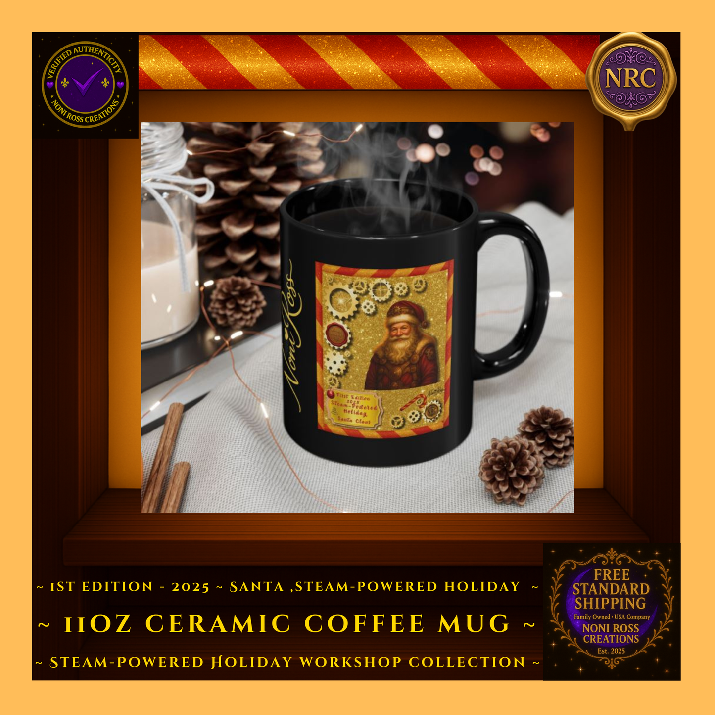 Lifestyle gold cubby image of the First Edition Steam-Powered Santa mug styled on a cozy holiday table with ornaments and warm Christmas décor