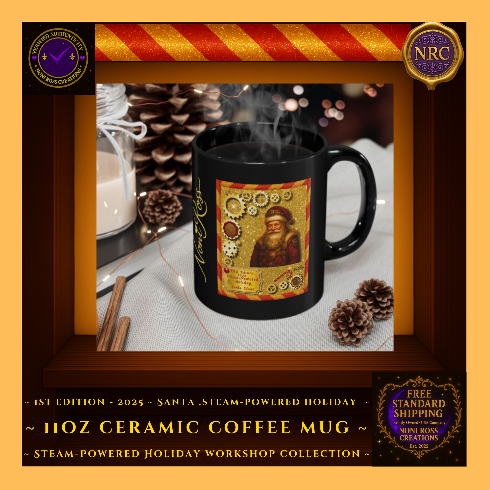 Lifestyle gold cubby image of the First Edition Steam-Powered Santa mug styled on a cozy holiday table with ornaments and warm Christmas décor