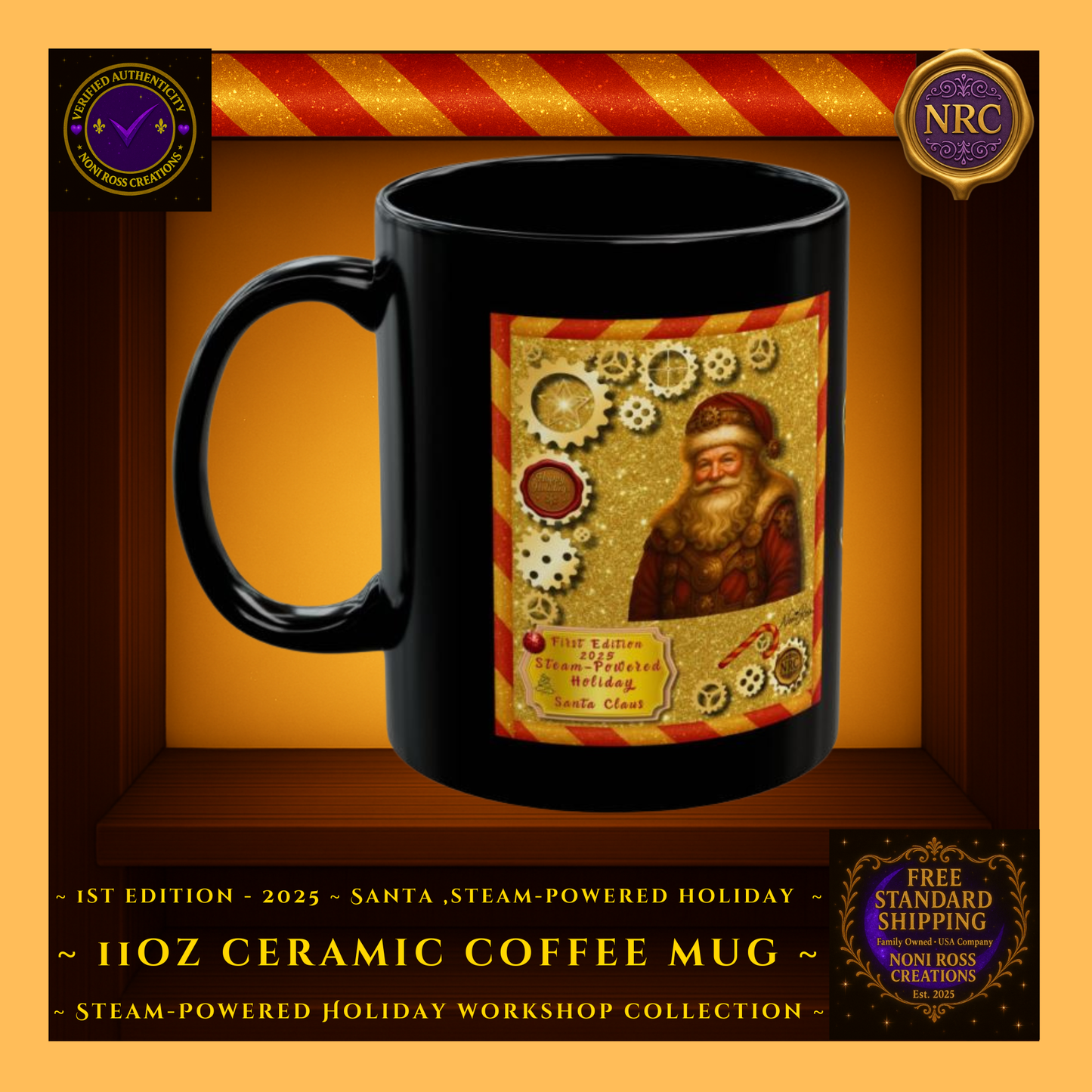 Left side gold cubby image of the First Edition Steam-Powered Santa holiday mug showing the wrapped steampunk artwork and festive background