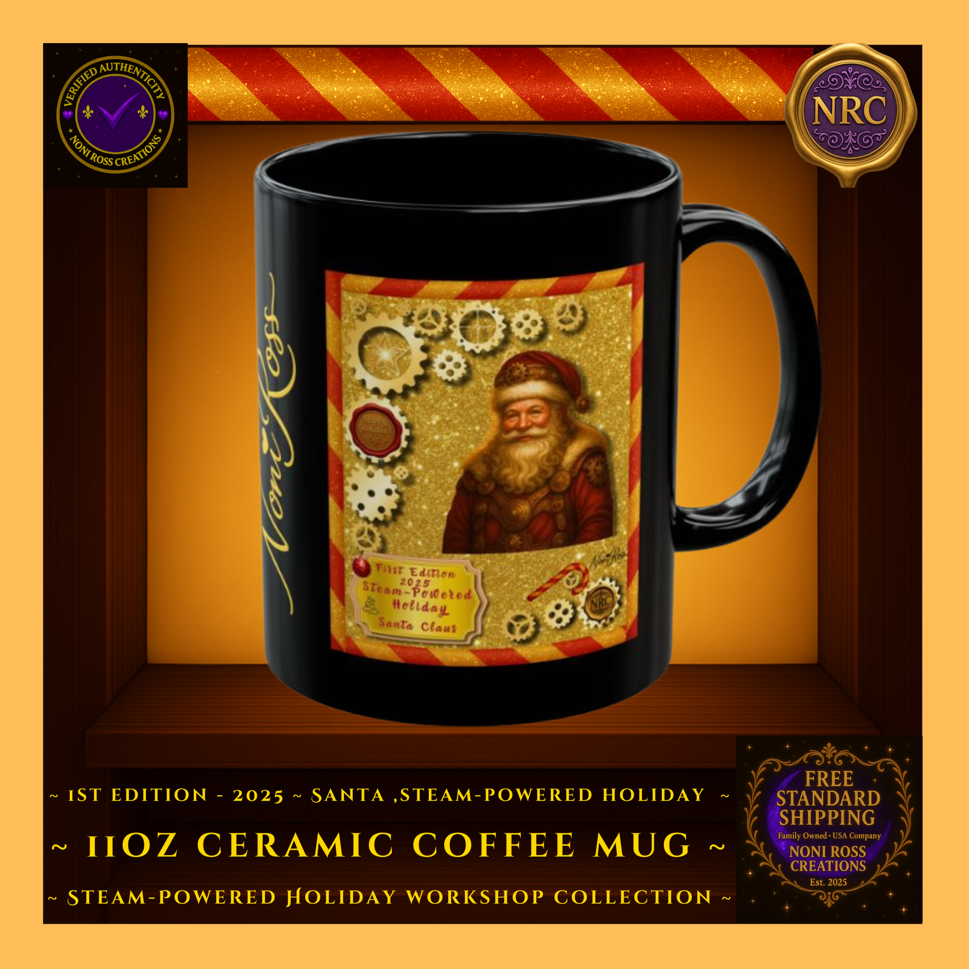 Gold cubby frame featuring the First Edition 2025 Steam-Powered Santa 11oz ceramic holiday mug with steampunk gears, brass accents, and glowing Christmas artwork