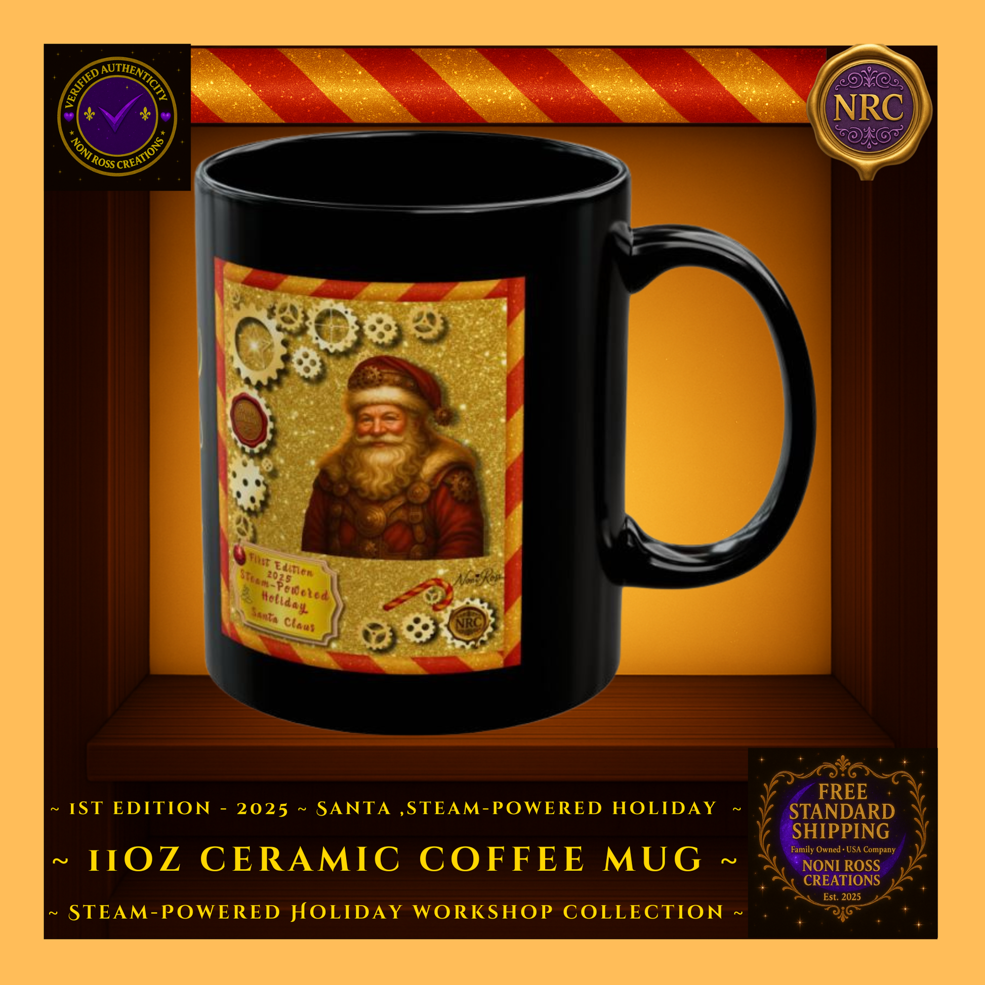 Right side gold cubby view of the First Edition 2025 Steam-Powered Santa mug highlighting gears, holly, and glowing Christmas details