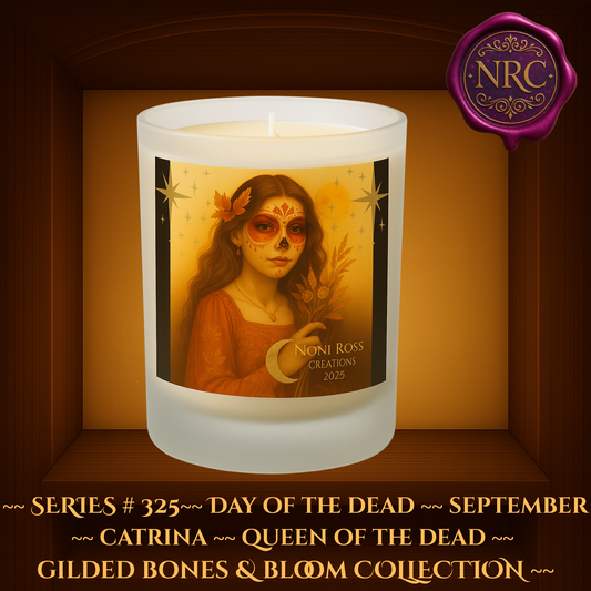 September Day of the Dead Catrina candle featuring a regal woman with autumn-toned sugar skull makeup, wearing a rust-orange dress, holding wheat and moonlight under celestial stars; frosted glass jar by Noni Ross Creations, Gilded Bones & Bloom Collection
