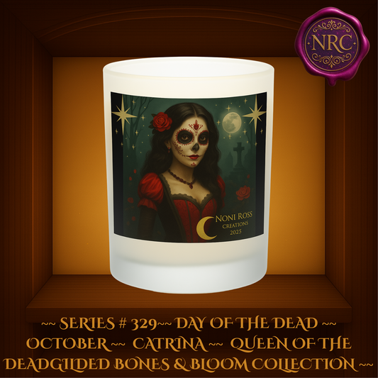 Series #327 October Day of the Dead Catrina Candle featuring skeletal face with orange sugar skull swirls, black and orange gown, and eerie moonlit backdrop by Noni Ross Creations