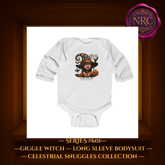 Adorable long sleeve white baby bodysuit featuring a joyful Giggle Witch design with a laughing baby girl in a starry witch hat, surrounded by a bat, ghost, and jack-o'-lantern, perfect for magical fall snuggles from the Celestial Snuggles Collection by Noni Ross Creations.