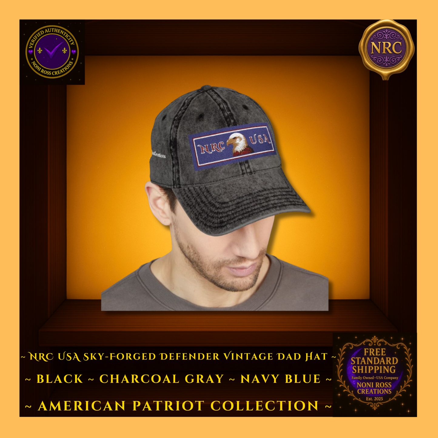 Gold Cubby | Black Vintage-Wash | Lifestyle – Hat on Table – Distressed Texture & Embroidery Focus