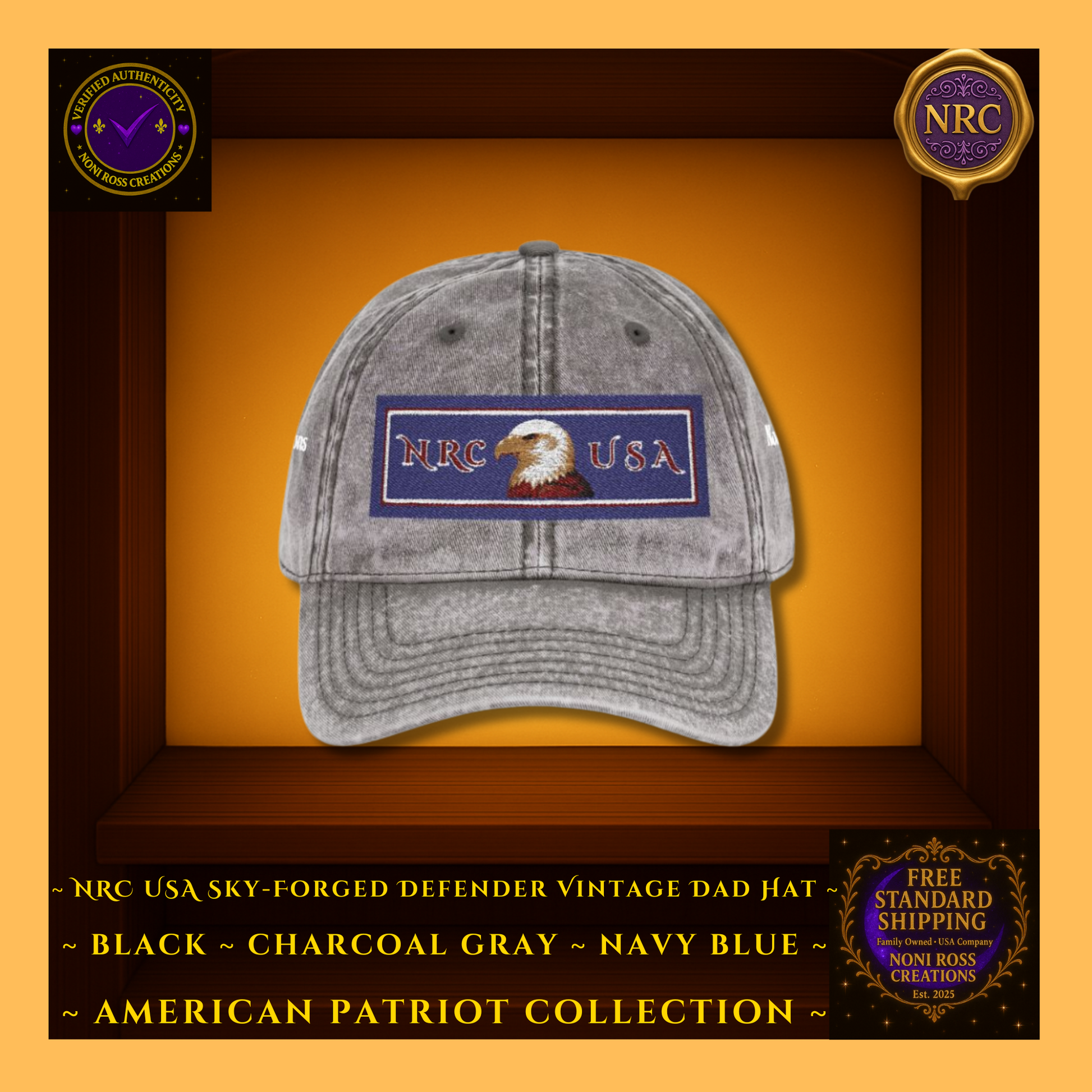 Gold Cubby | Charcoal Gray | NRC USA Eagle Hat – Front View – Sky-Forged Defender Patch Pop