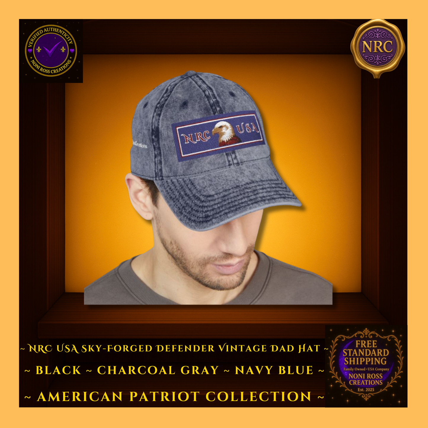 Gold Cubby | Navy Blue | Lifestyle – Hat on Table – Vintage-Wash Texture in Focus