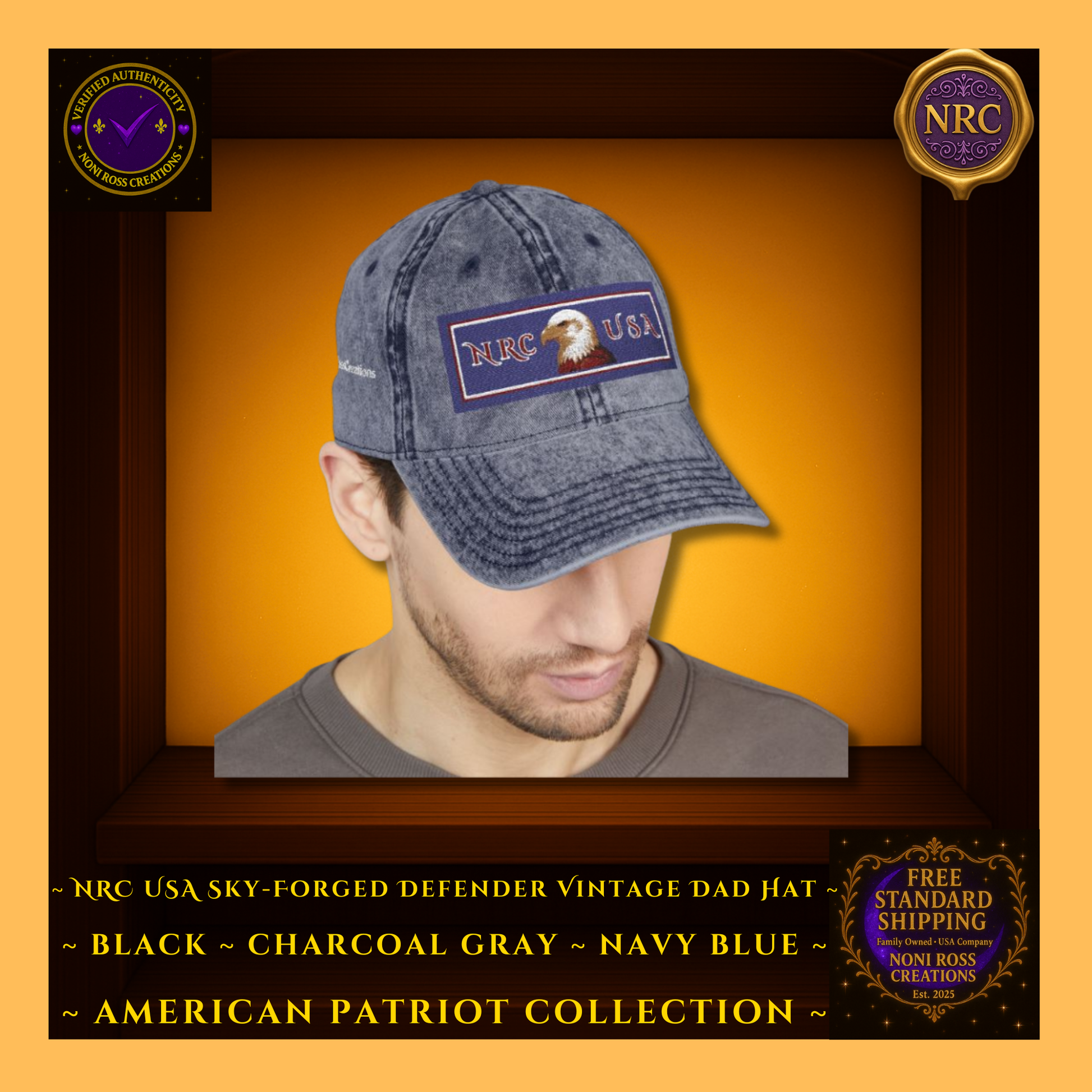 Gold Cubby | Navy Blue | Lifestyle – Hat on Table – Vintage-Wash Texture in Focus