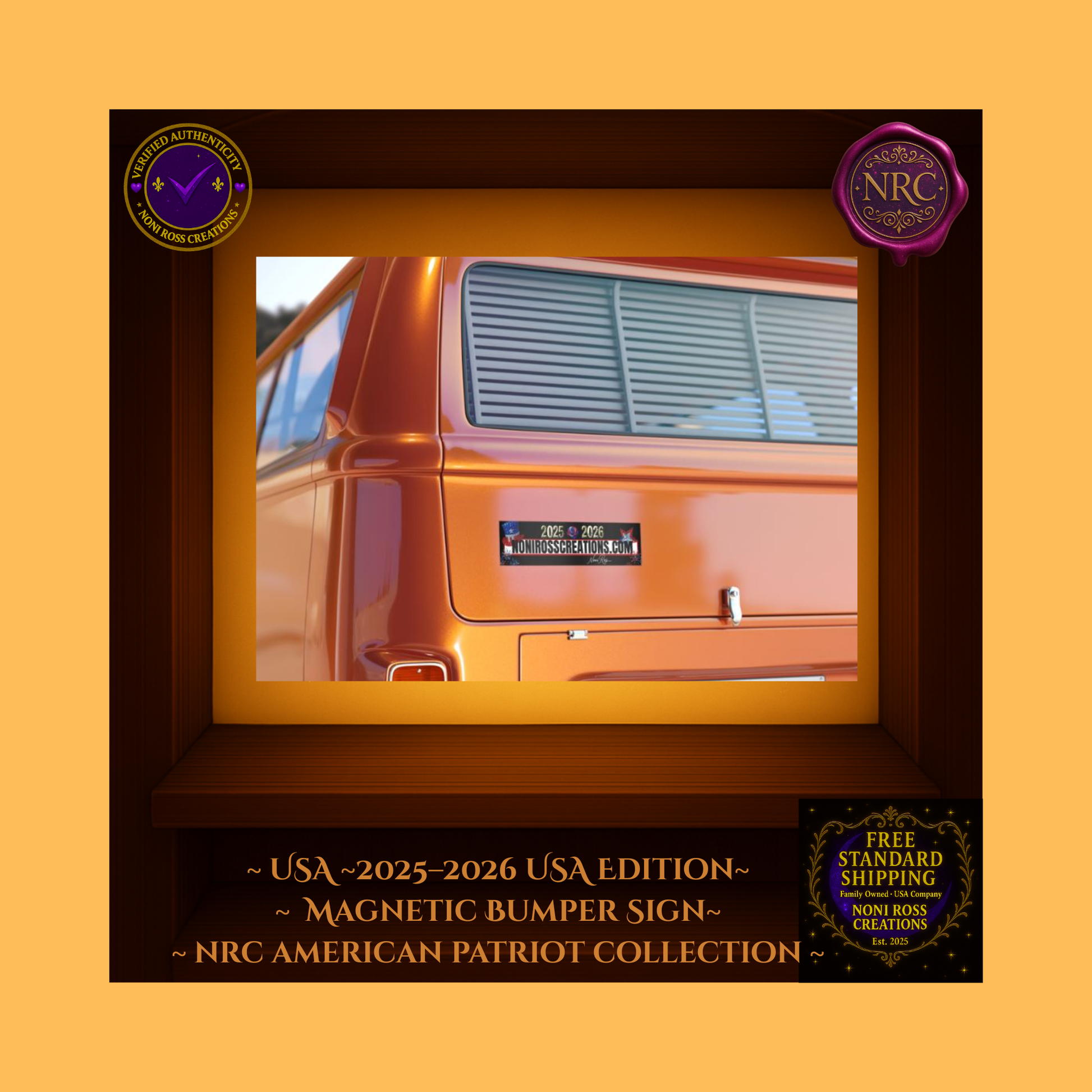 Black NRC patriotic bumper sticker on a stainless surface, red-white-blue fireworks accents and ‘2025 • 2026’ gem-style numbers.