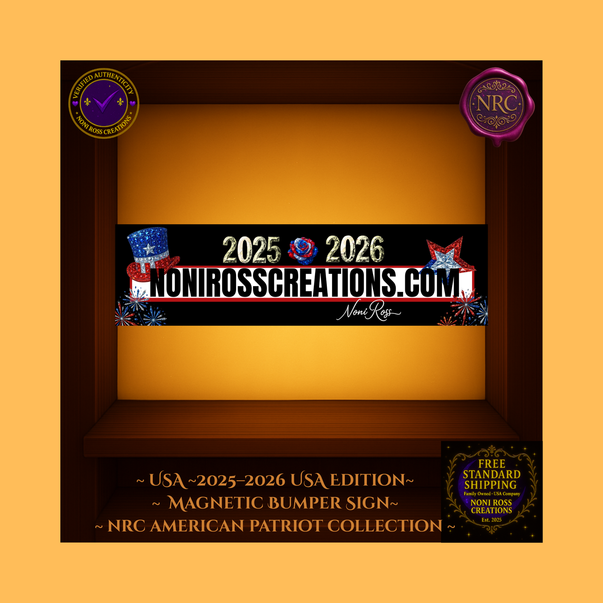 Black bumper sticker with jeweled USA top hat, red-white-blue star, ‘NoniRossCreations.com’ and ‘2025 • 2026’ in faceted gold text