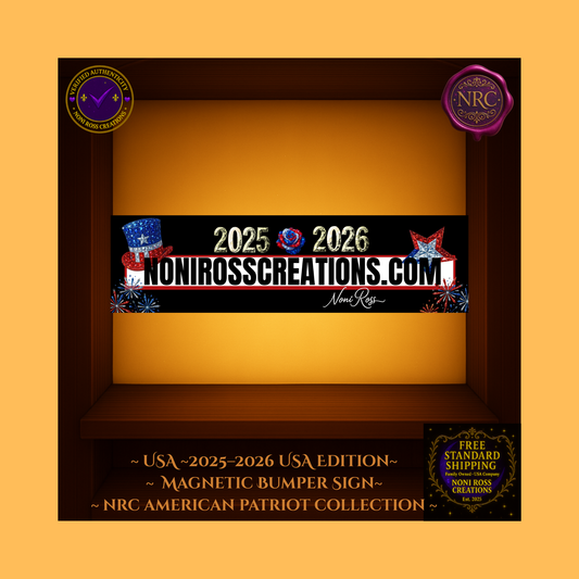 Black bumper sticker with jeweled USA top hat, red-white-blue star, ‘NoniRossCreations.com’ and ‘2025 • 2026’ in faceted gold text