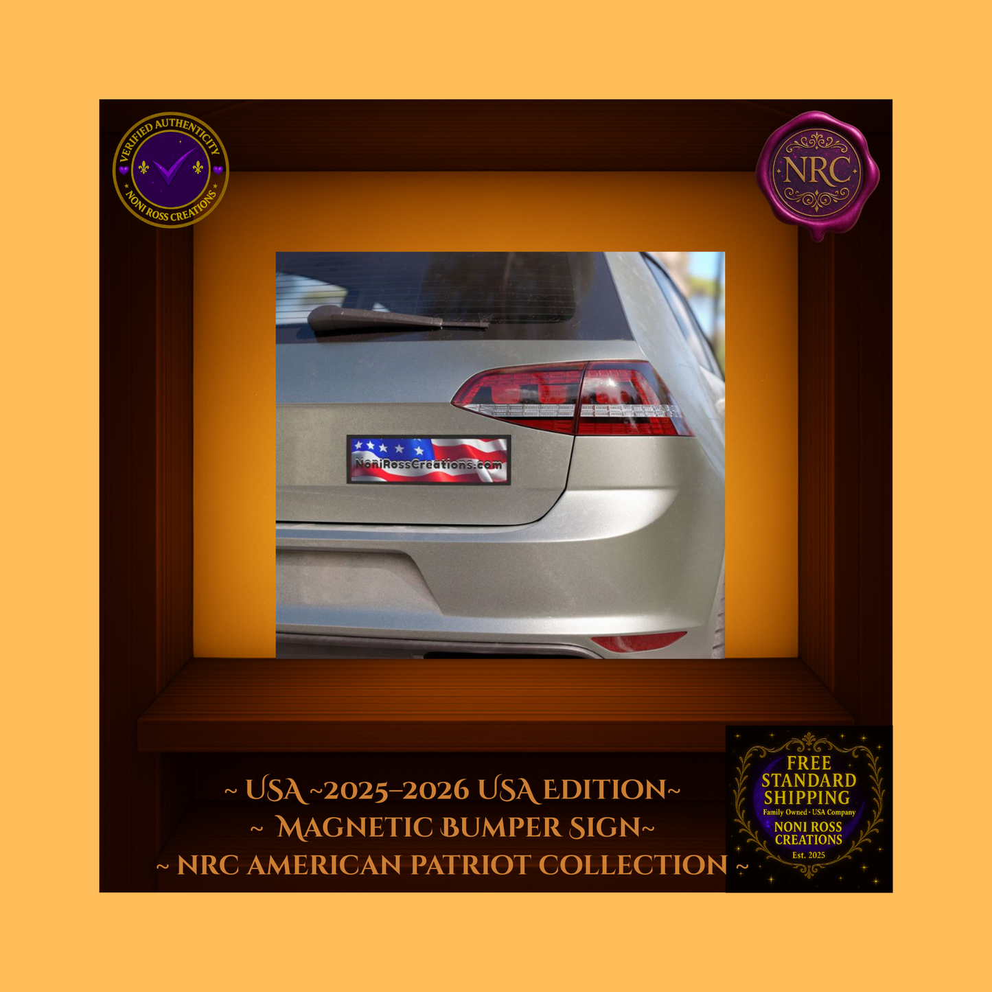 Patriotic blue USA Edition magnetic bumper sign displayed on a car bumper, showing American flag and NoniRossCreations.com logo.