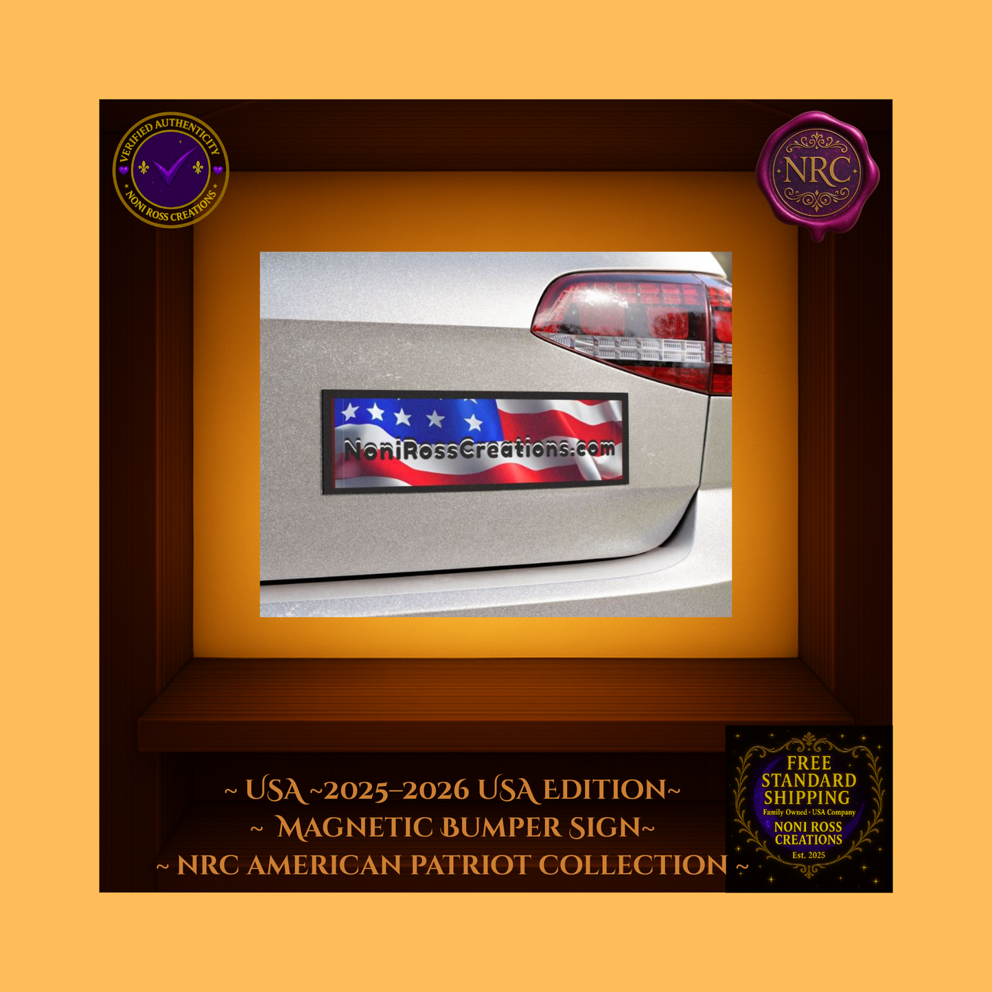 Close-up of the NRC blue American flag magnetic bumper sign with glossy finish and 2025–2026 USA Edition label.