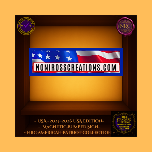 USA 2025–2026 Magnetic Bumper Sign with waving American flag background and bold black ‘NoniRossCreations.com’ text from NRC American Patriot Collection.