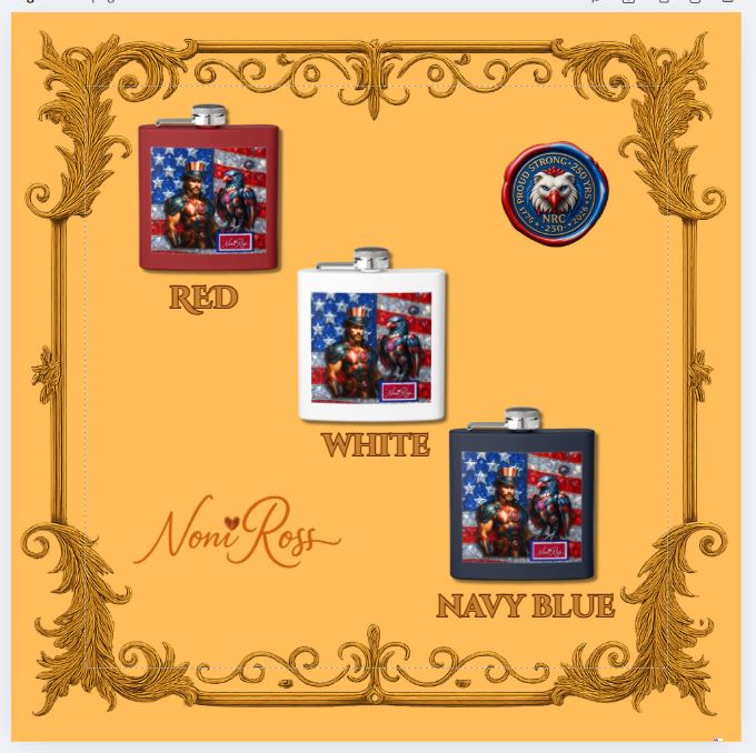 Uncle Sam & Sky-Forged Defender 6oz steampunk flasks in three colors—Red Valor, White Honor, and Navy Courage—patriotic stainless barware with American flag art by Noni Ross Creations.