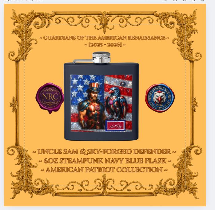 Navy Courage 6oz steampunk flask with Uncle Sam and Sky-Forged Defender eagle over U.S. flag—premium patriotic drinkware by Noni Ross Creations