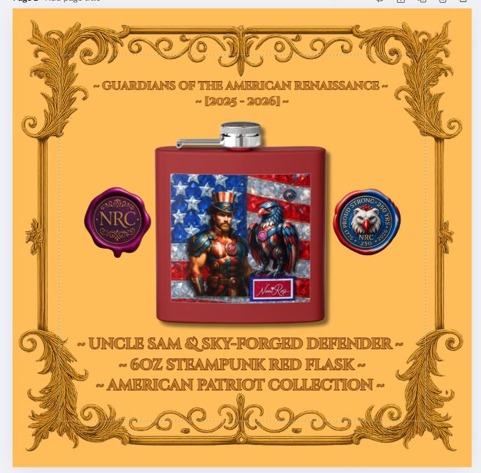 Uncle Sam & Sky-Forged Defender 6oz steampunk flask in Red Valor with American flag backdrop – patriotic stainless barware by Noni Ross Creations.