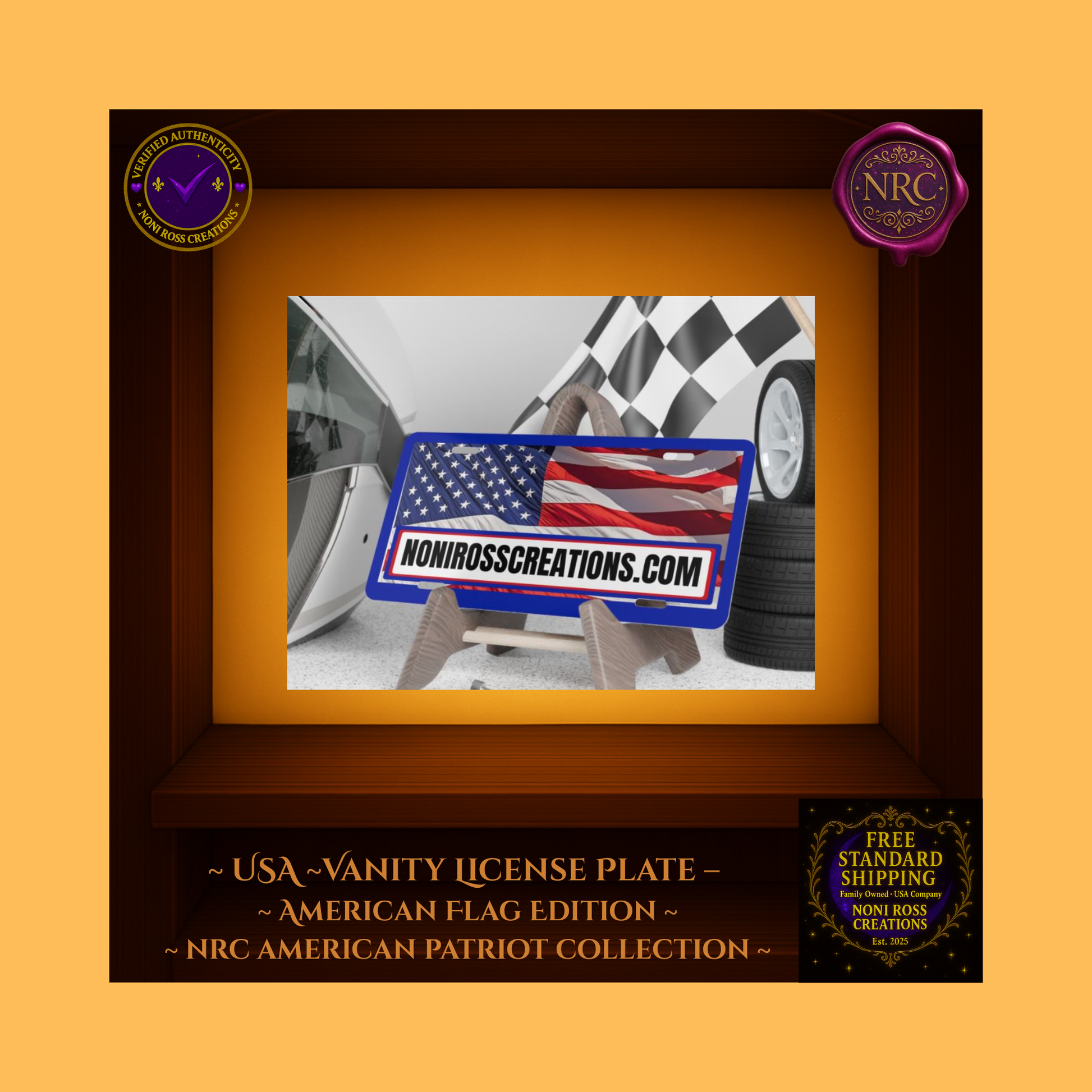 NoniRossCreations.com vanity plate styled on a garage wall with other patriotic décor.