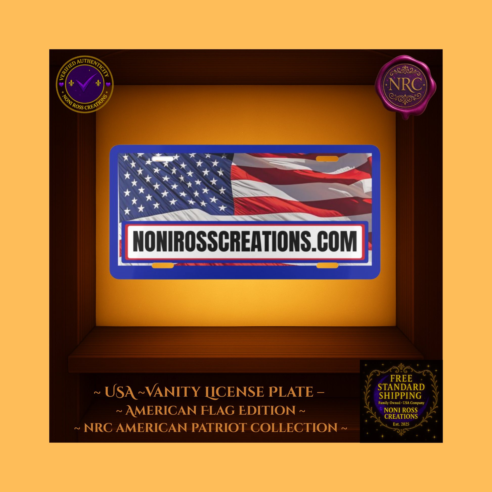 NoniRossCreations.com American Flag vanity plate – bold red, white, and blue design with waving flag background