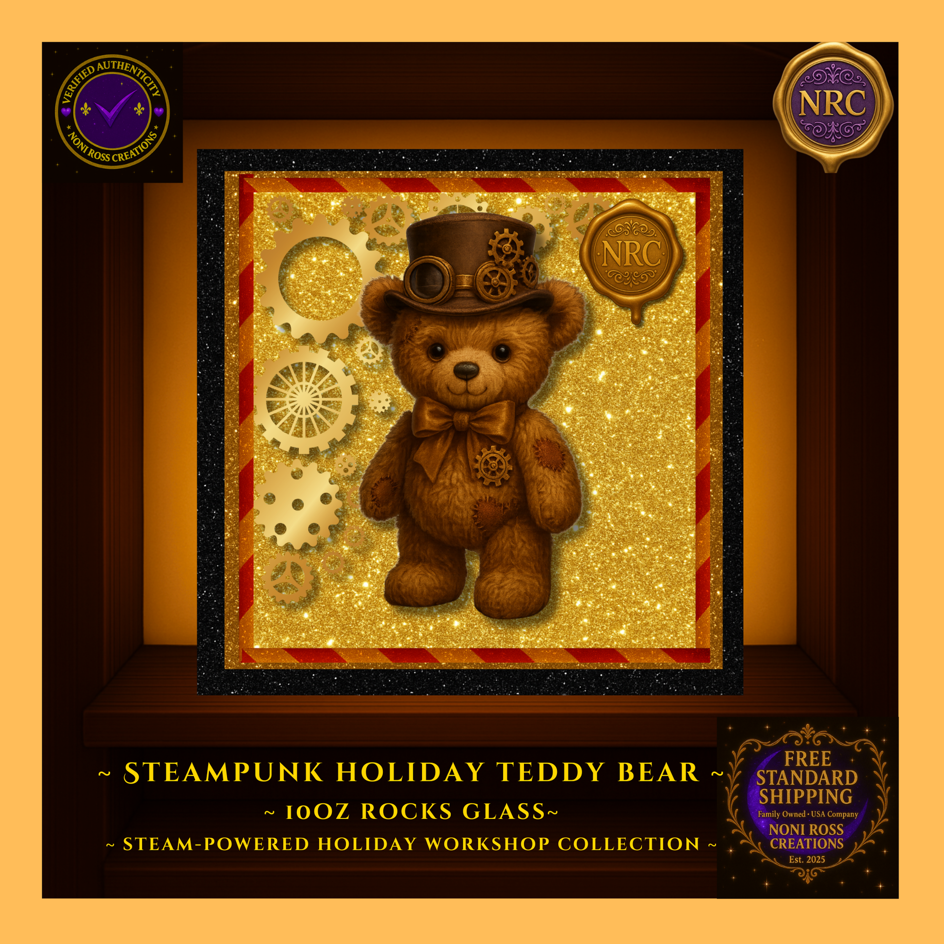 Close-up of Steampunk Teddy Bear artwork on 1.9oz ceramic shot glass inside NRC cubby, showing top hat, gears, bow tie, and glittering golden background.