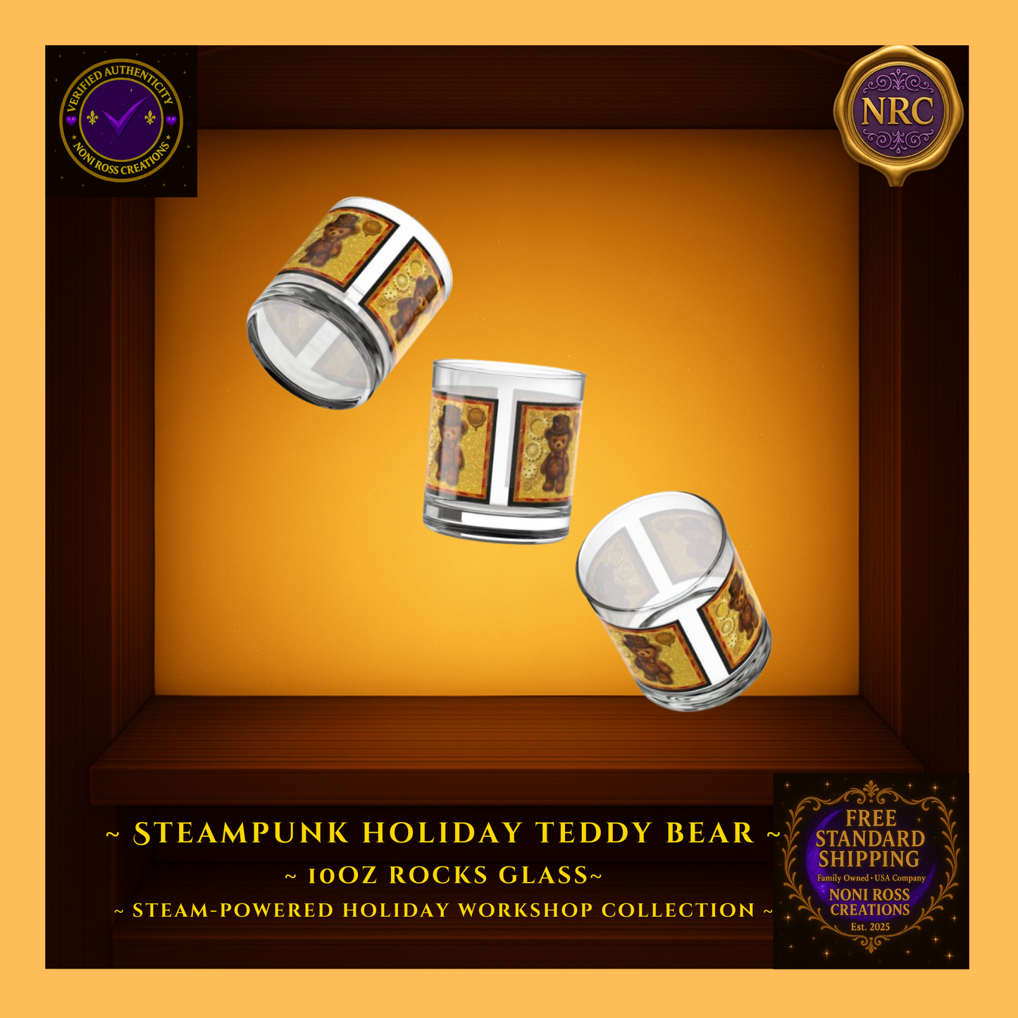 Steampunk Teddy Bear 10oz rocks glass in NRC cubby lifestyle scene, styled as whimsical holiday whiskey or cocktail glass on a festive surface.