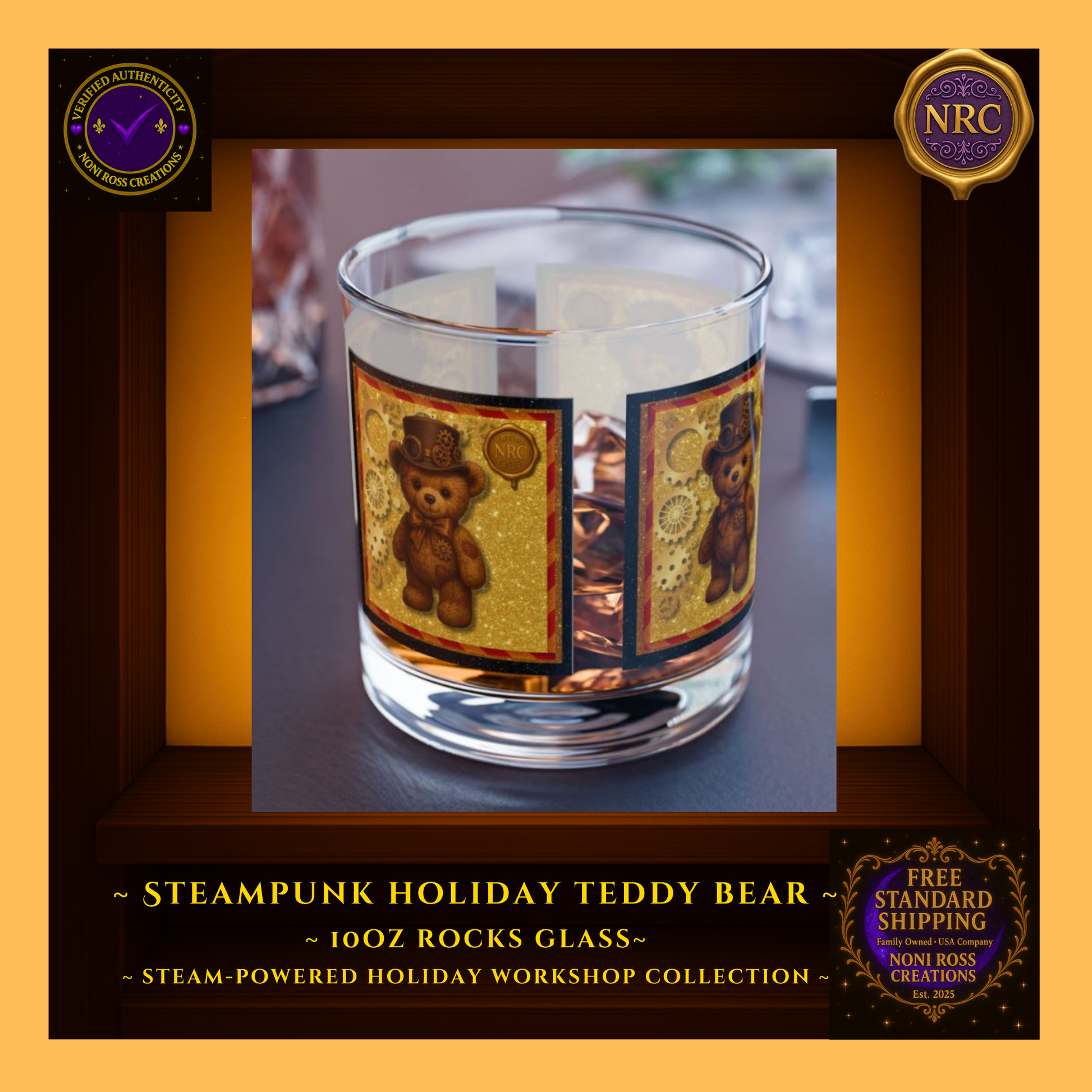 Steampunk Teddy Bear 10oz rocks glass in NRC cubby lifestyle setting, shown beside Christmas décor as a cute, gift-ready holiday barware piece.