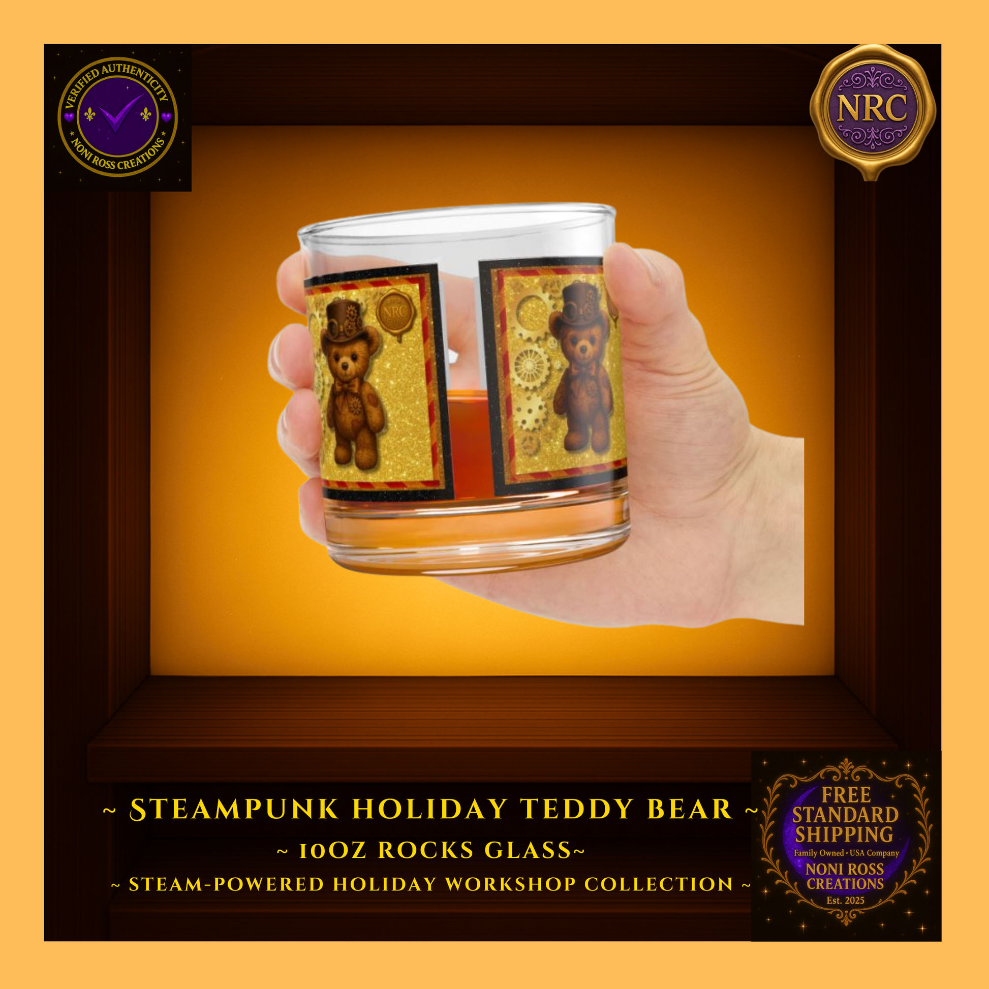 Steampunk Teddy Bear 10oz rocks glass in NRC cubby lifestyle display, featured as collectible steampunk Christmas glassware from Noni Ross Creations.