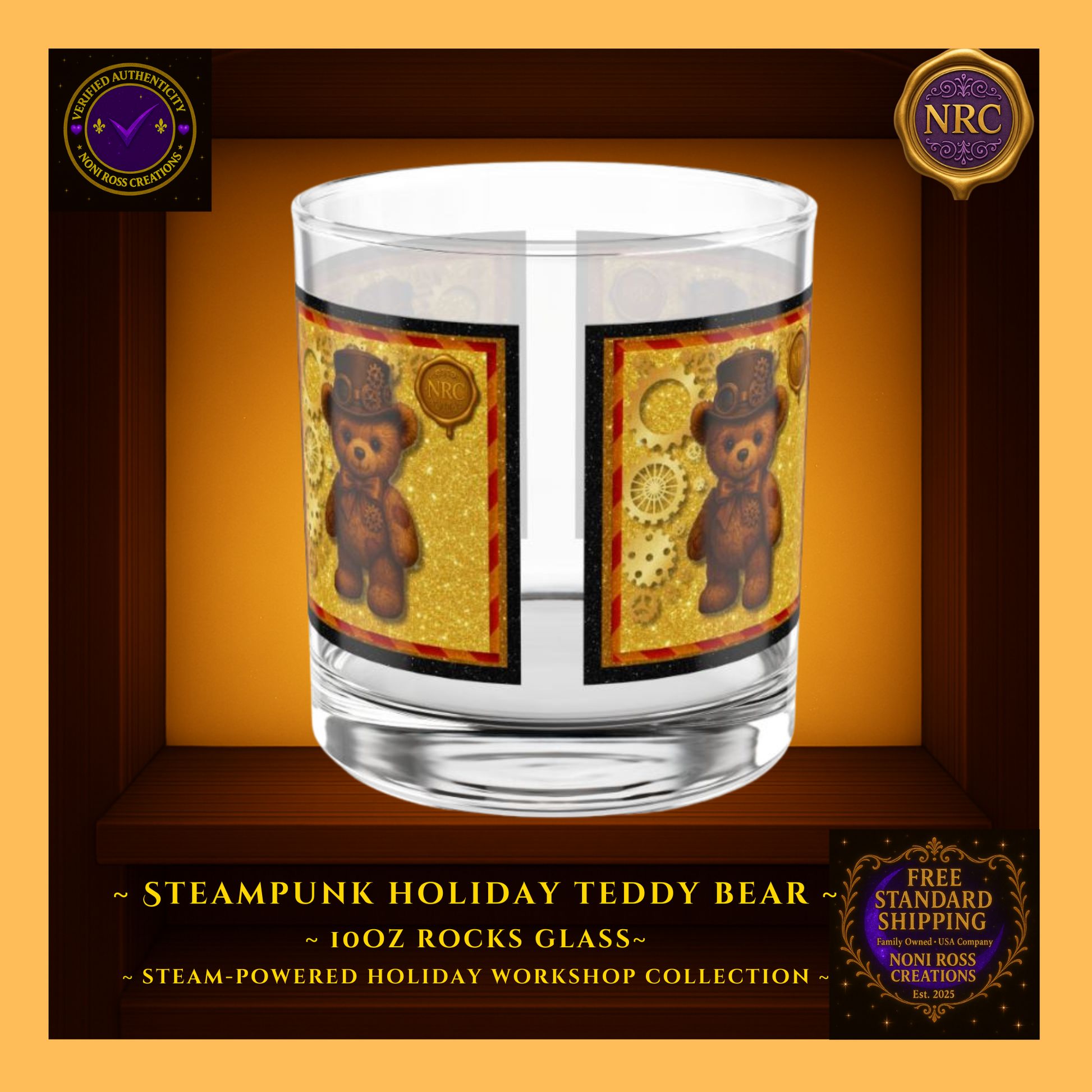 Steampunk Teddy Bear 10oz rocks glass centered in NRC cubby frame, full front teddy bear artwork with top hat, gears, and golden background clearly visible.