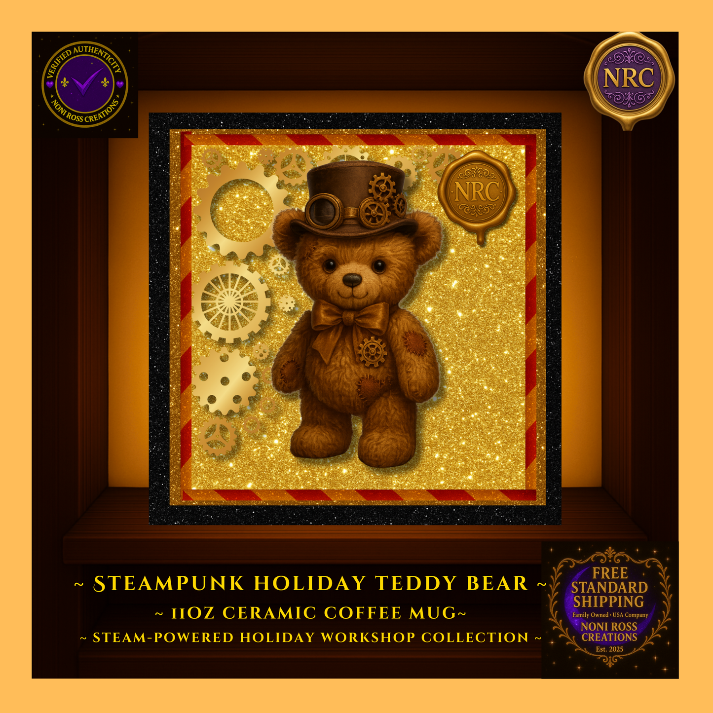 Close-up of Steampunk Teddy Bear artwork on 11oz ceramic coffee mug inside NRC cubby, showing bear’s hat, bow tie, gears, and glittering gold backdrop.