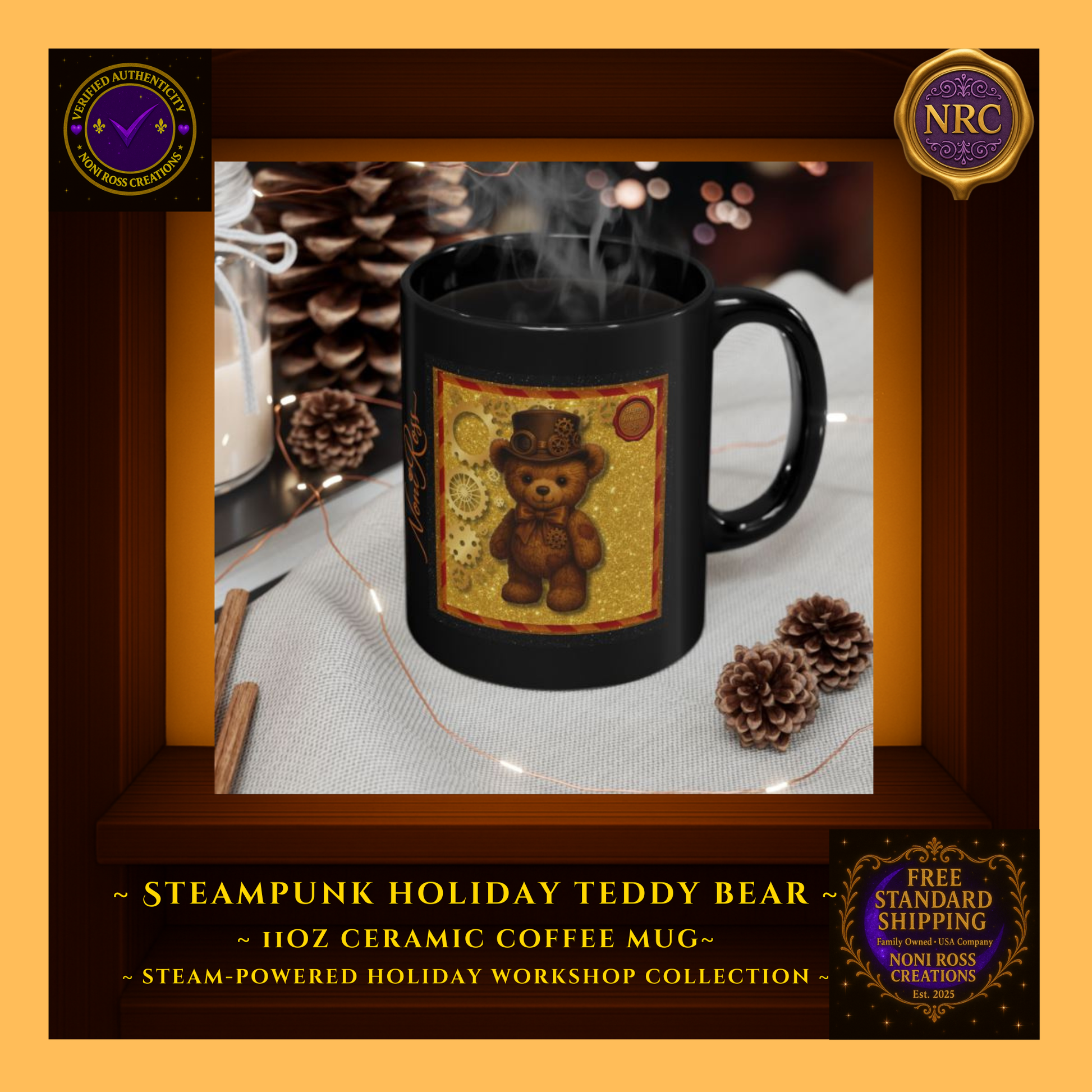 Steampunk Teddy Bear 11oz ceramic coffee mug in NRC cubby lifestyle scene, styled as cute Christmas cocoa or coffee mug on a festive surface.