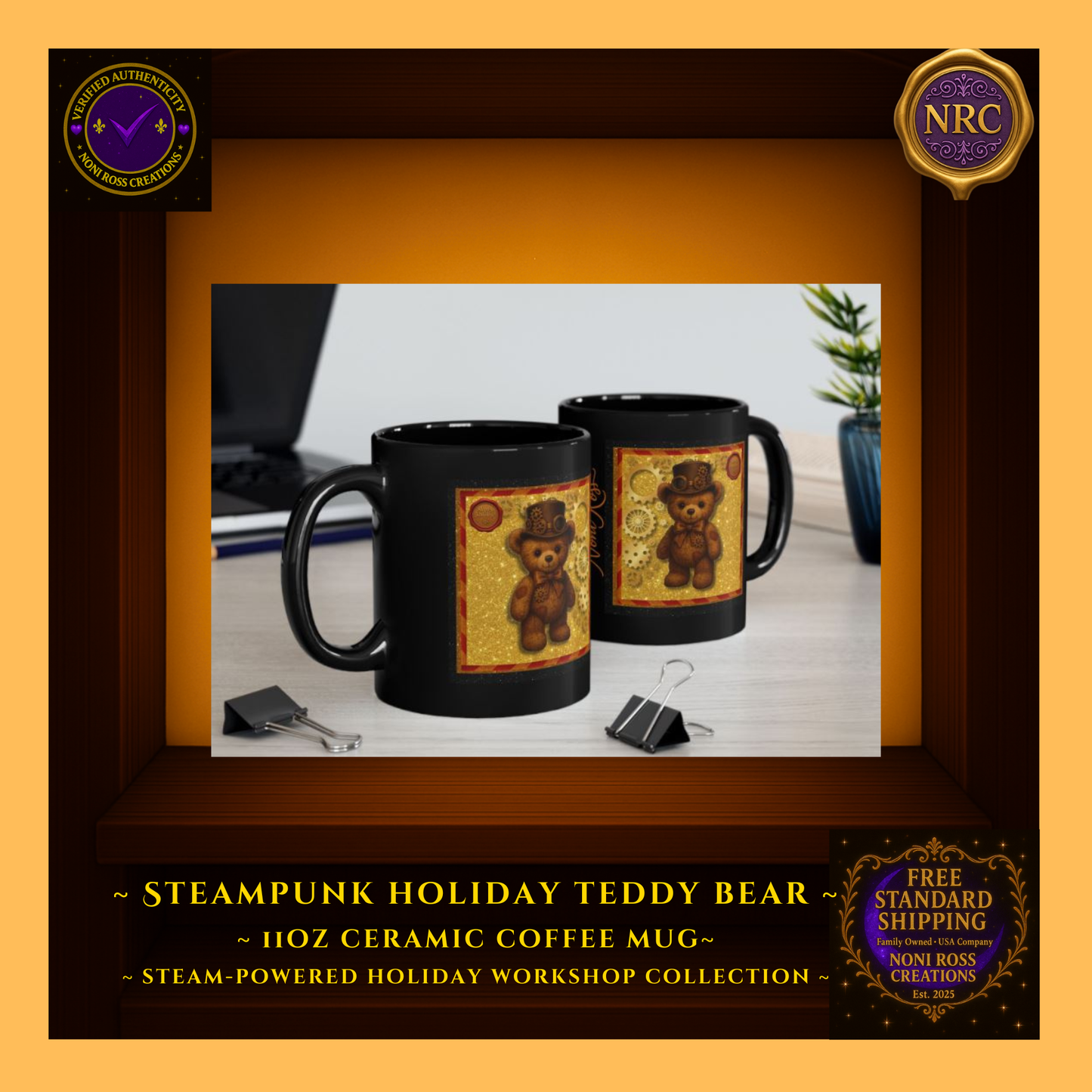 Steampunk Teddy Bear 11oz ceramic coffee mug in NRC cubby lifestyle setting, shown beside holiday décor as a gift-ready whimsical mug.
