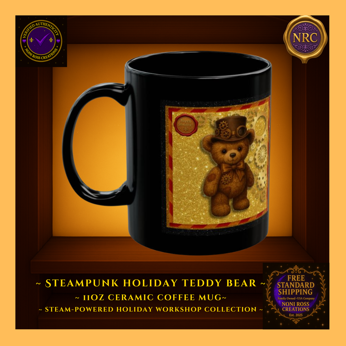 Steampunk Teddy Bear 11oz ceramic coffee mug in NRC cubby frame, left side view highlighting curved shape and partial golden artwork.