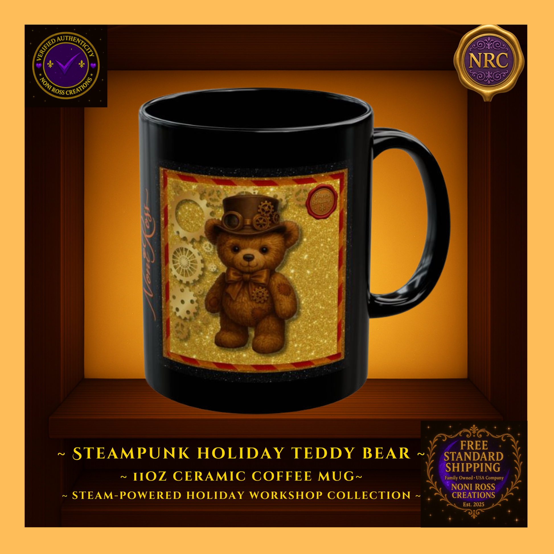 Steampunk Teddy Bear 11oz ceramic coffee mug centered in NRC cubby frame, full front teddy bear artwork with top hat, gears, and golden background clearly visible.