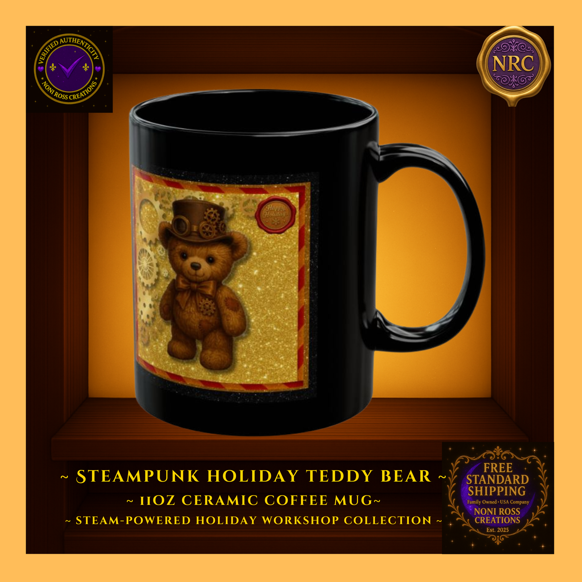 Steampunk Teddy Bear 11oz ceramic coffee mug in NRC cubby frame, right side view showing mug profile and edge of steampunk teddy bear design.