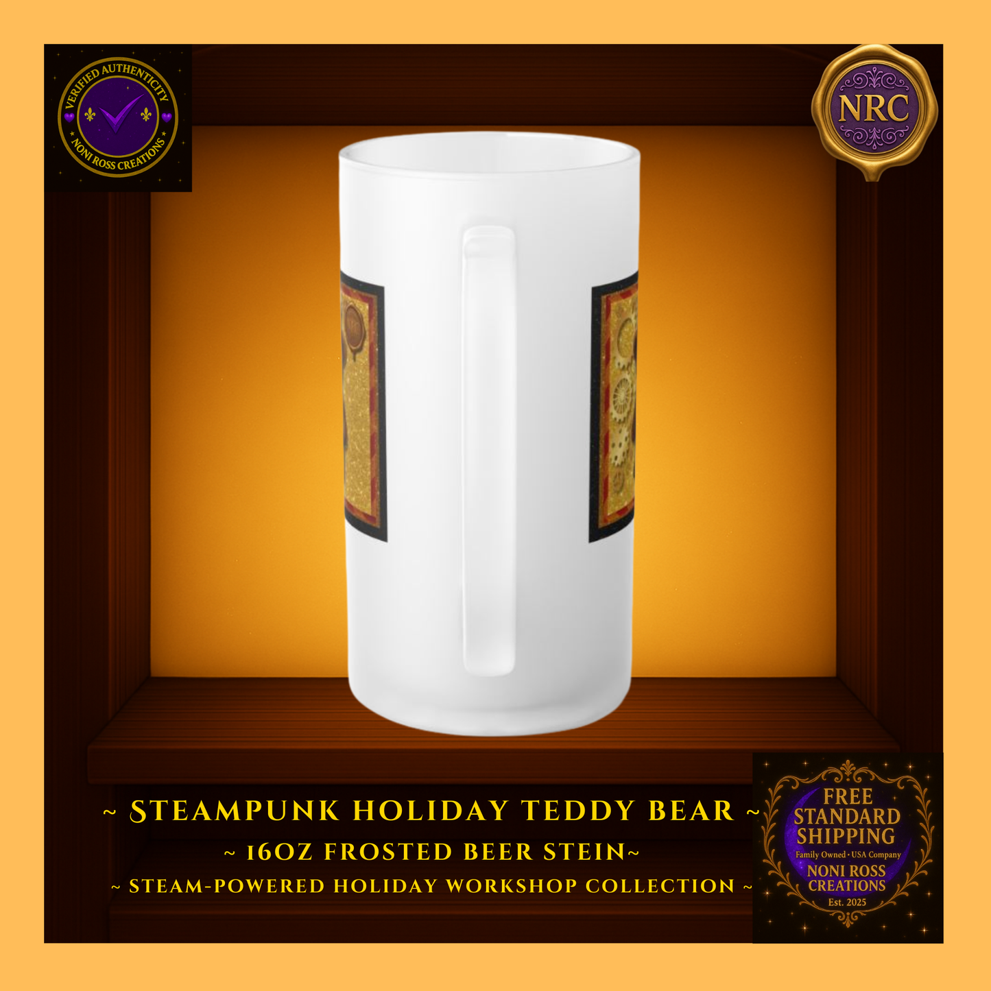 Back view of Steampunk Teddy Bear frosted beer stein in NRC cubby frame, showing frosted glass surface and Noni Ross Creations branding area.
