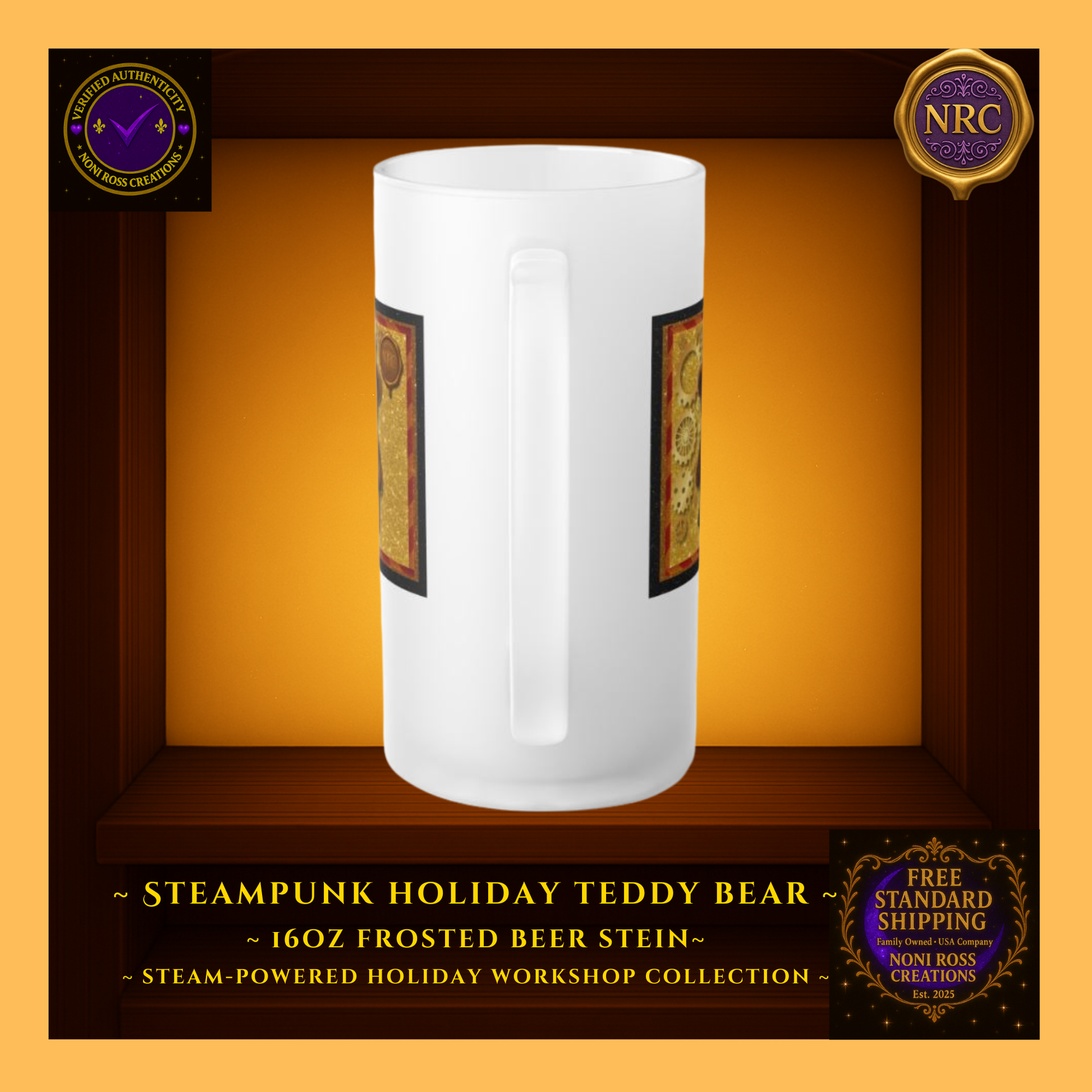 Back view of Steampunk Teddy Bear frosted beer stein in NRC cubby frame, showing frosted glass surface and Noni Ross Creations branding area.