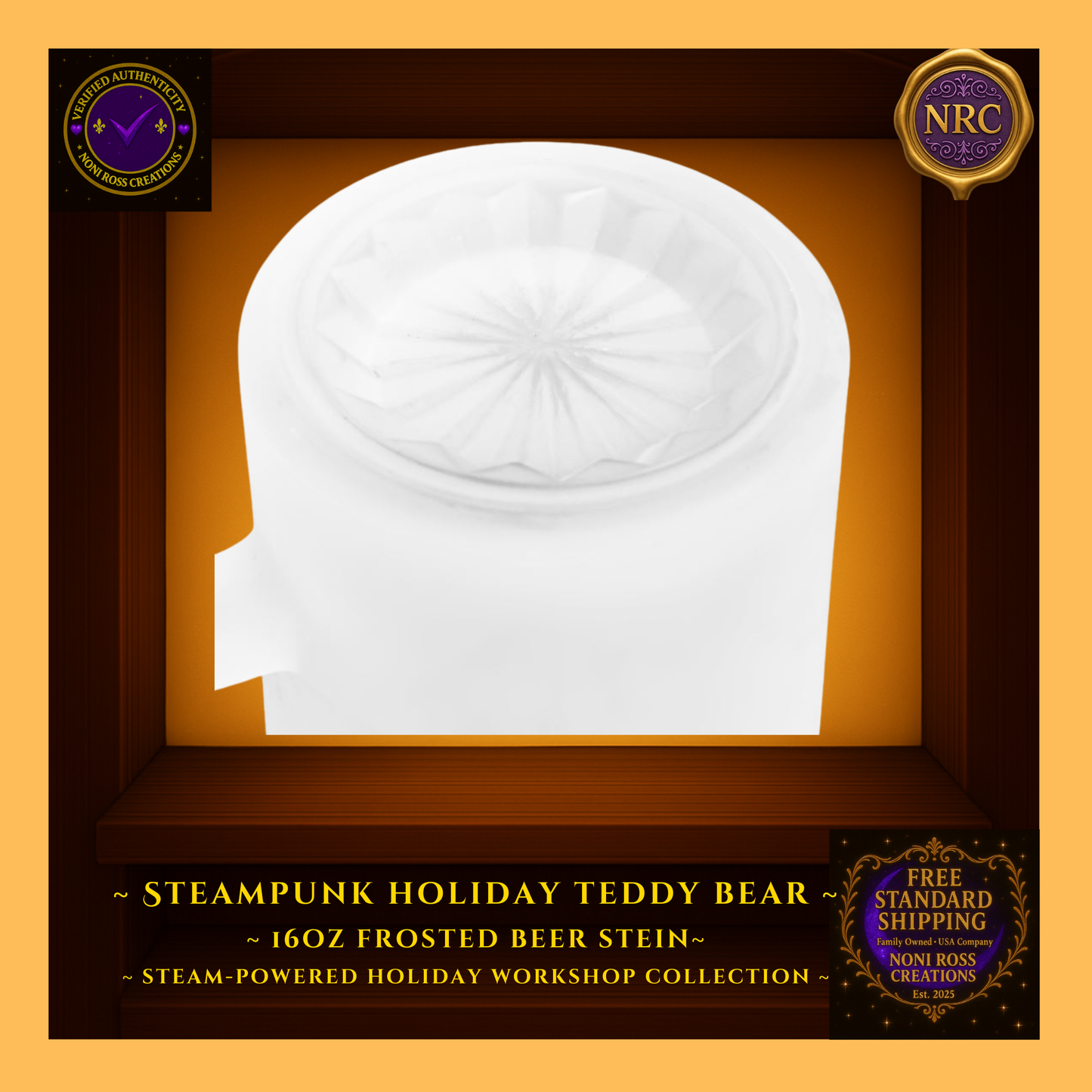 Bottom view of Steampunk Teddy Bear frosted beer stein in NRC cubby frame, showing circular frosted glass base and sturdy construction.