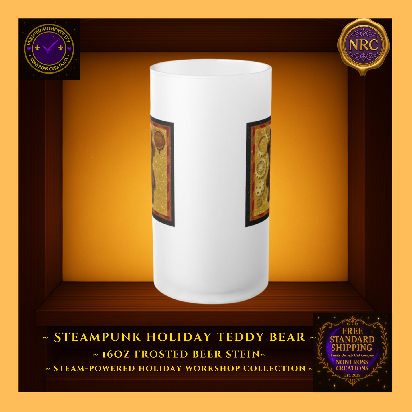 Front view of Steampunk Teddy Bear frosted beer stein in NRC cubby, showcasing the complete teddy bear design with steampunk details and warm golden backdrop.