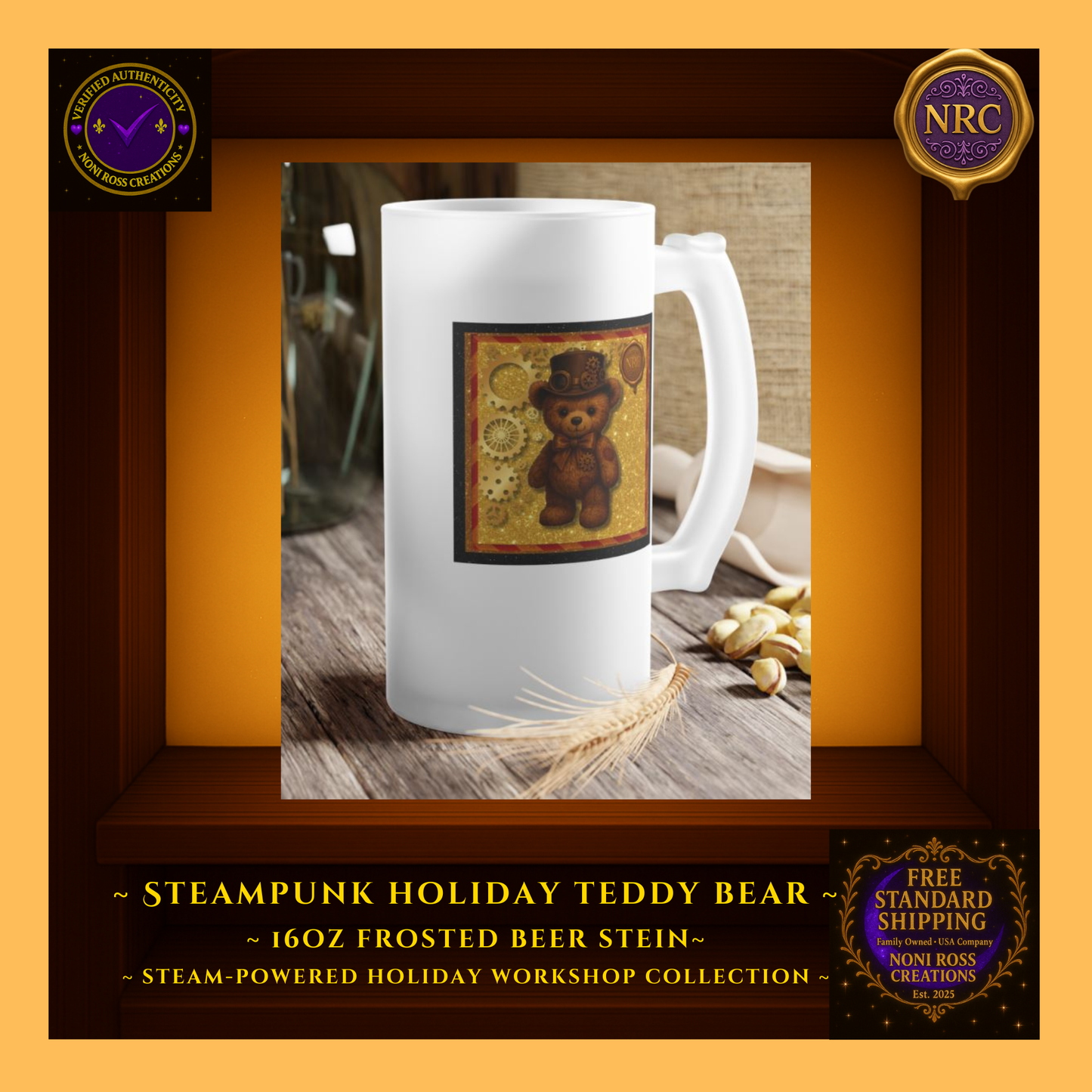 Steampunk Teddy Bear frosted beer stein in NRC cubby lifestyle scene, styled as whimsical Christmas barware on a festive holiday surface.