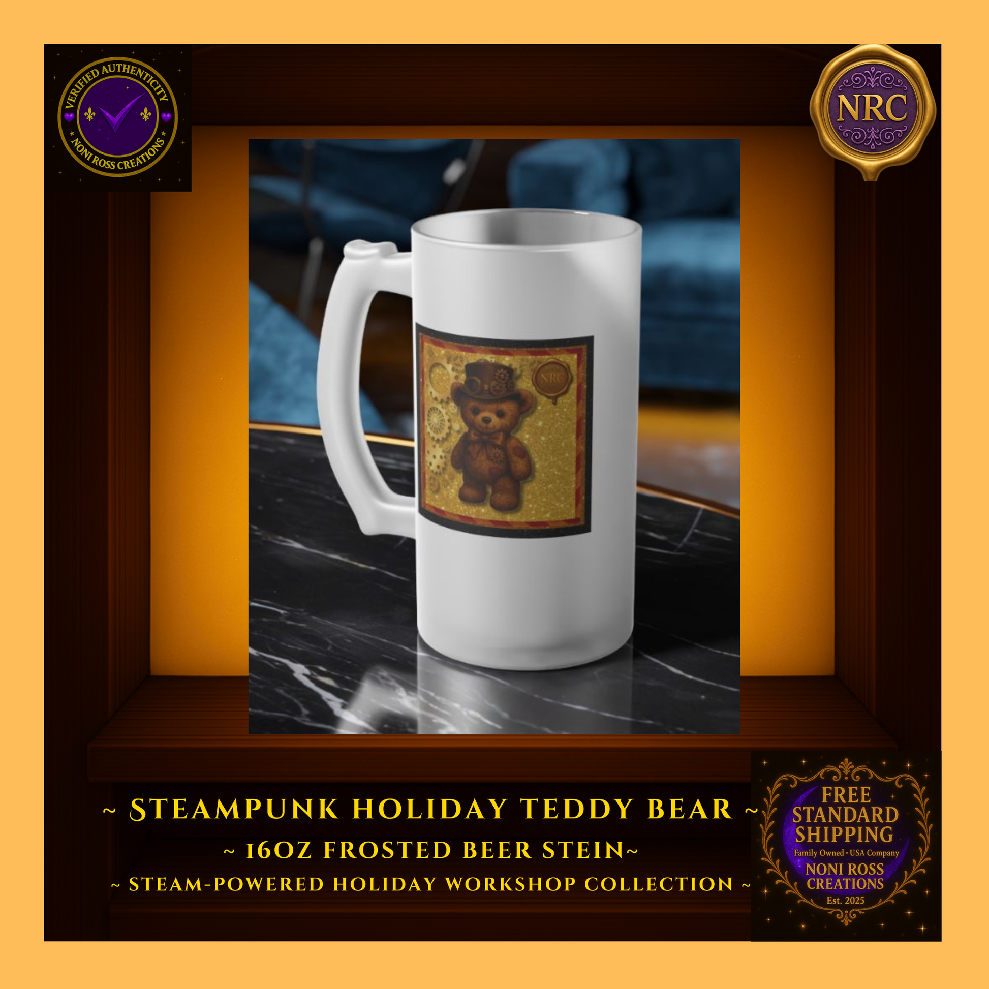 Steampunk Teddy Bear frosted beer stein in NRC cubby lifestyle setting, shown filled and ready for winter drinks as a cute holiday gift.