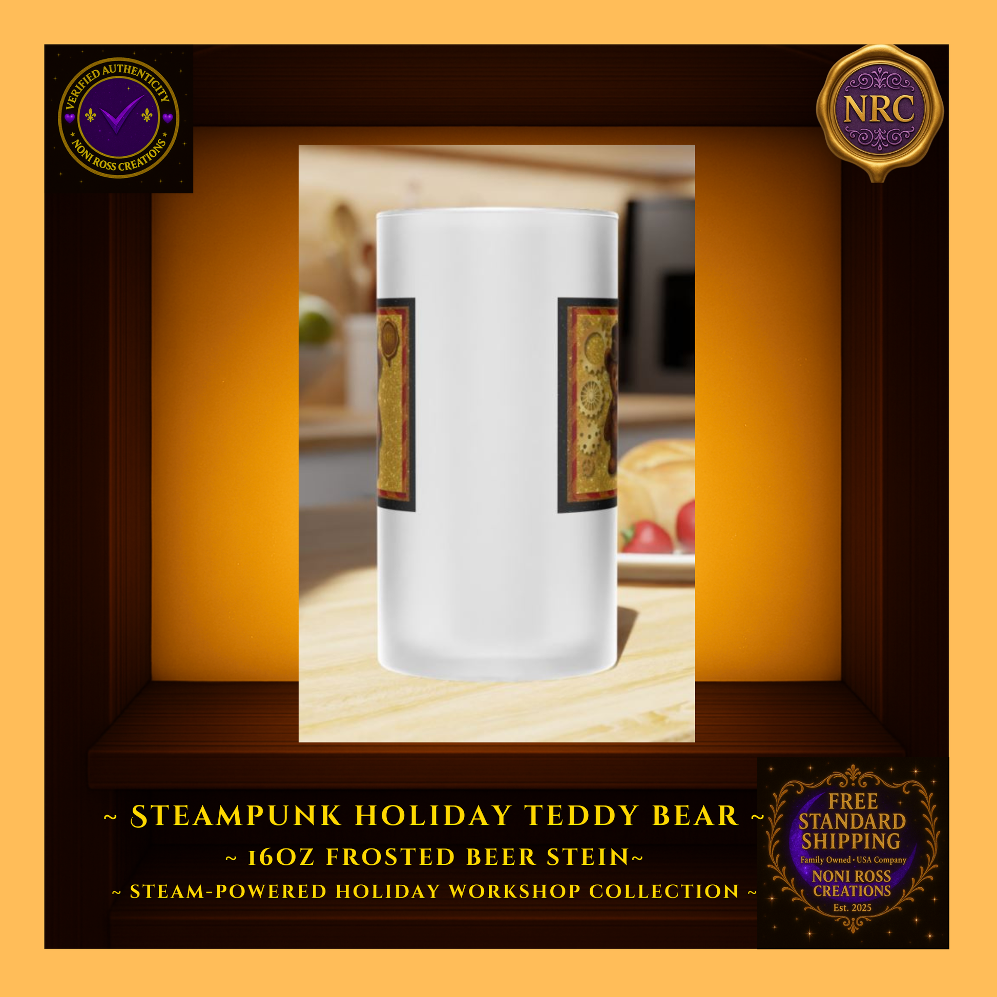 Steampunk Teddy Bear frosted beer stein in NRC cubby lifestyle display, featured as a gift-ready steampunk Christmas barware piece from Noni Ross Creations.
