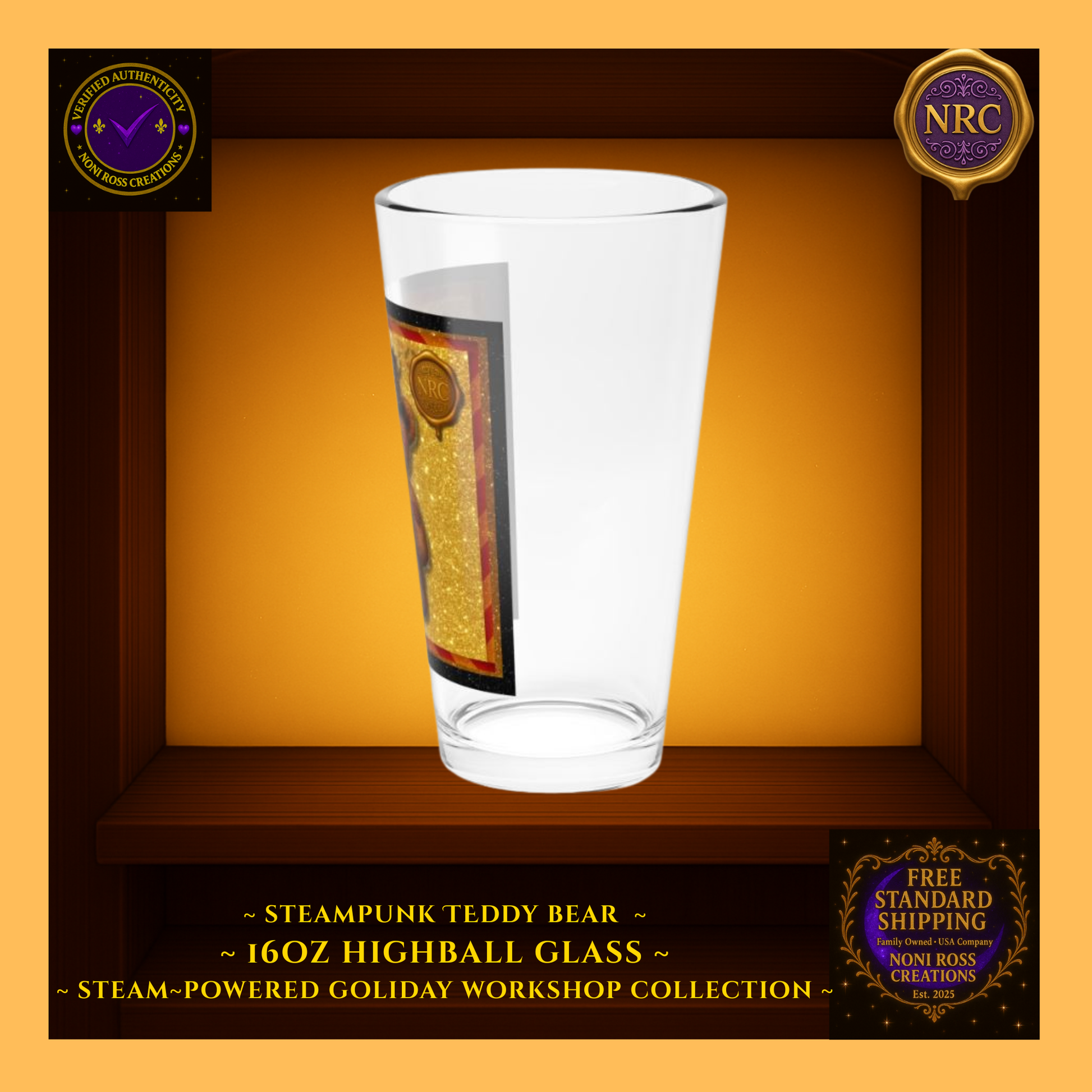 Steampunk Teddy Bear 16oz highball glass in NRC cubby frame, left side view showing curved profile and partial teddy bear artwork.