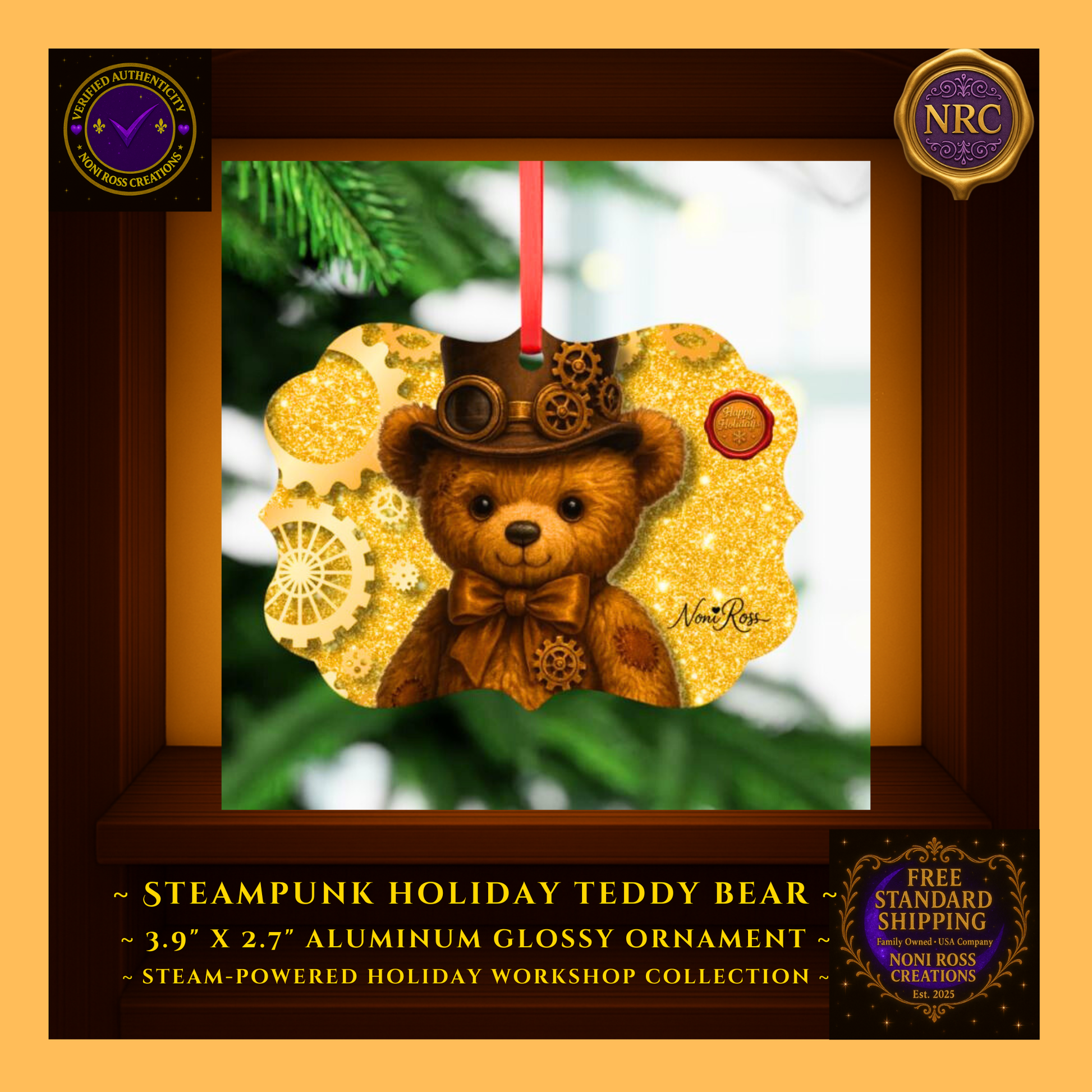 Steampunk Teddy Bear metal ornament in NRC cubby lifestyle scene, styled hanging as cute whimsical Christmas tree décor.