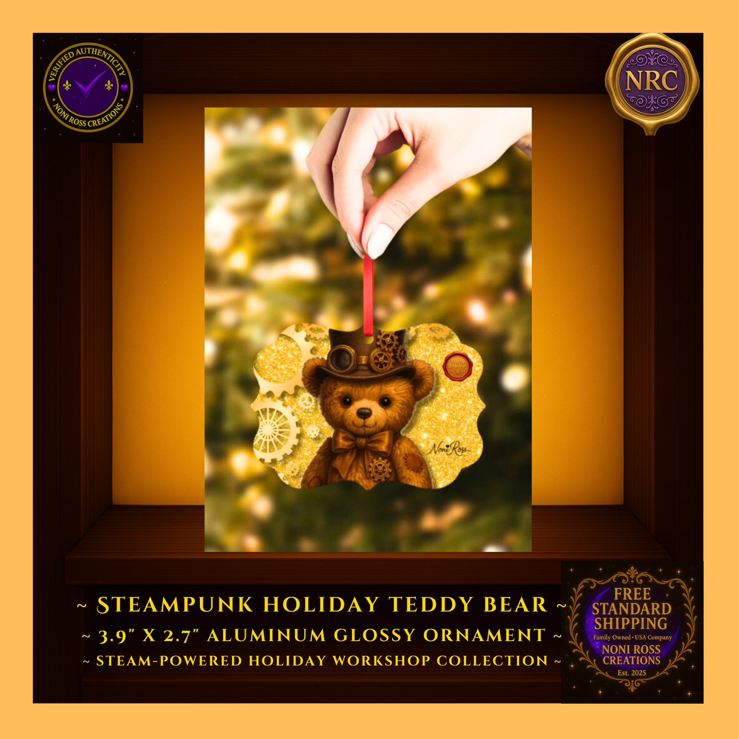 Steampunk Teddy Bear metal ornament in NRC cubby lifestyle setting, displayed beside festive holiday décor as a gift-ready keepsake ornament.