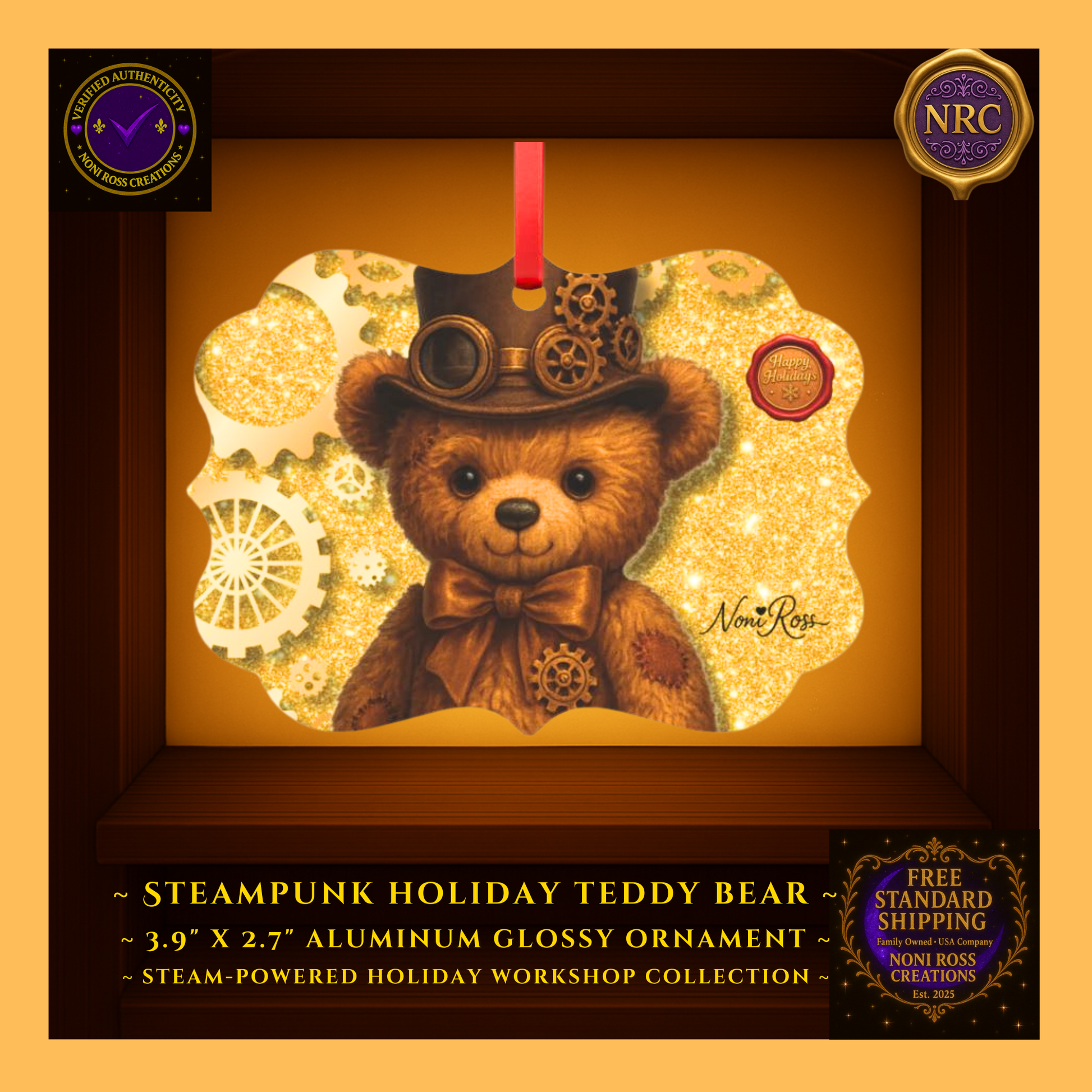 Steampunk Teddy Bear metal Christmas ornament centered in NRC cubby frame, full front teddy bear artwork with top hat, gears, and glowing gold background clearly visible.