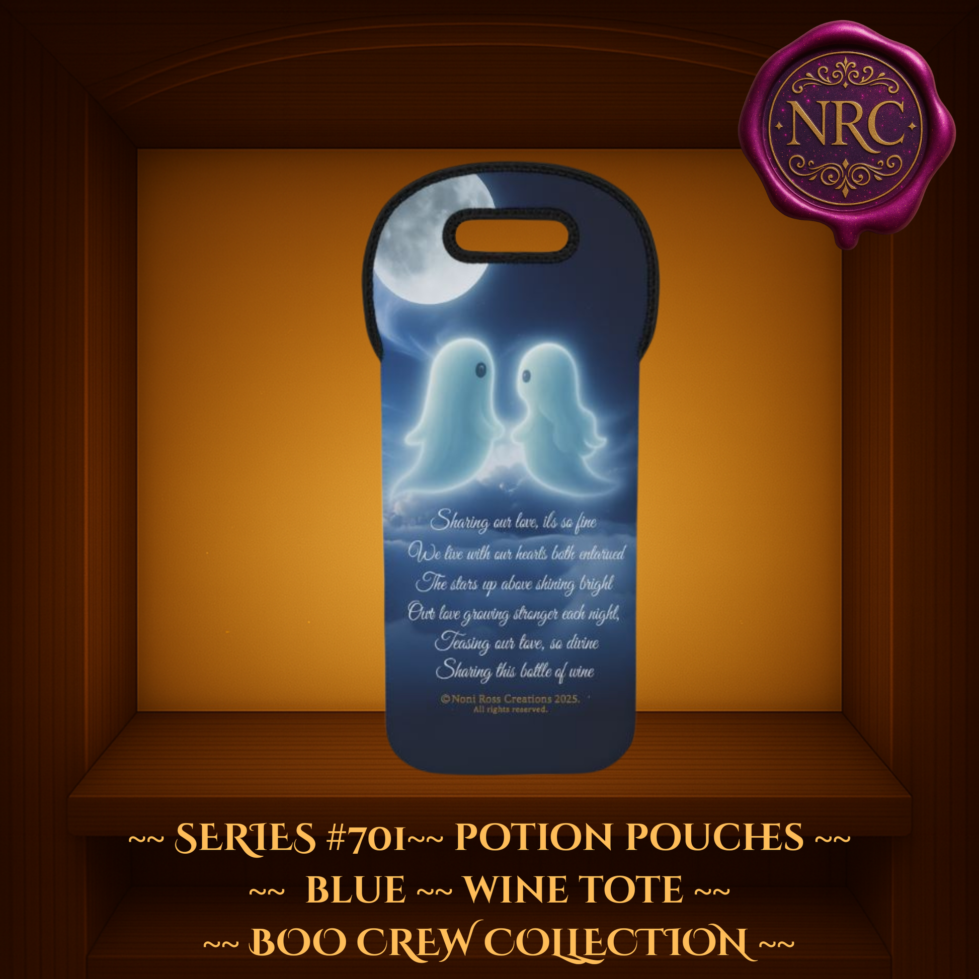 Spirited Moonlight Kiss Wine Tote Series 701 with two ghost lovers under moonlight and romantic poem – Potion Pouches